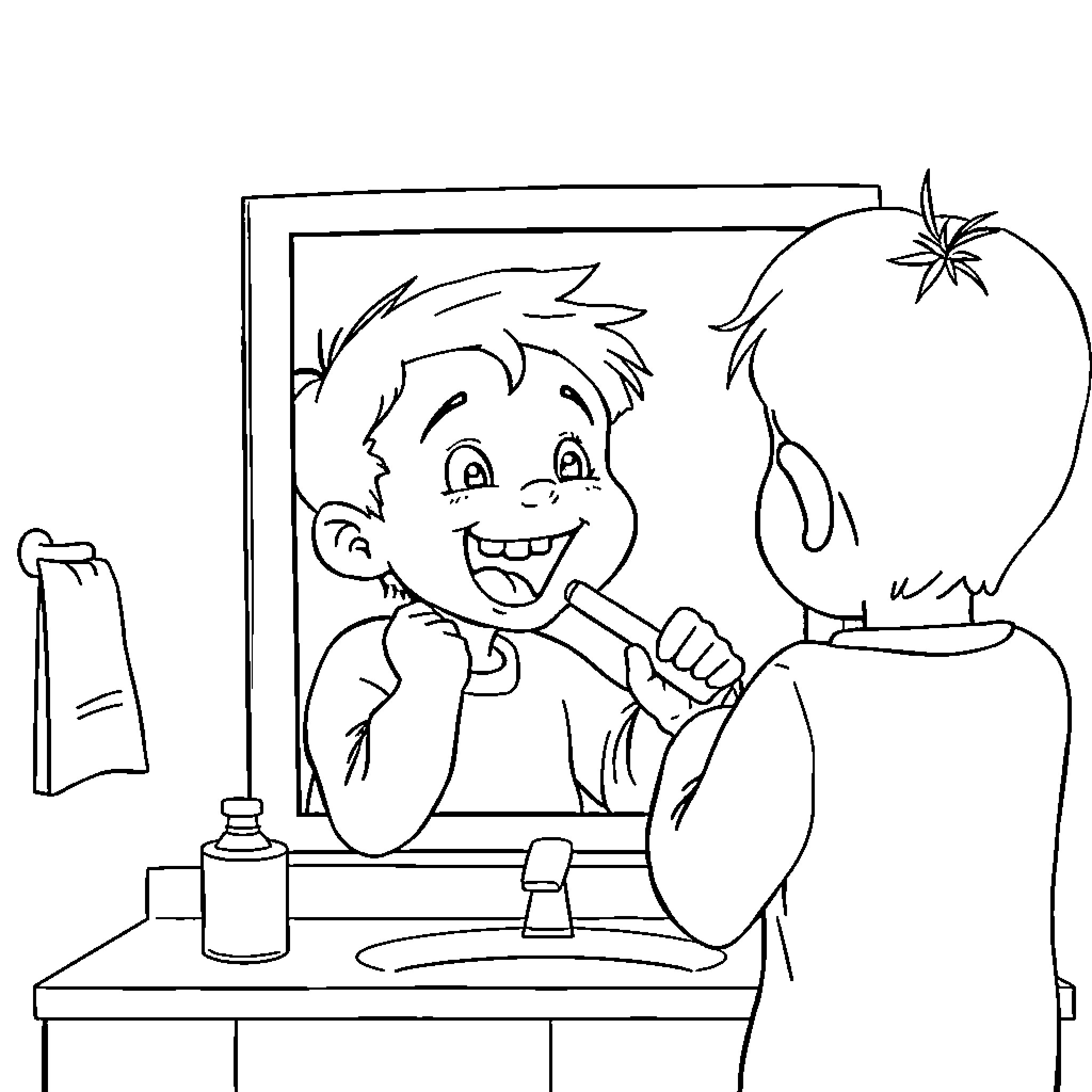 Kid brushing teeth happily by the mirror Coloring Page (free black-and-white line drawing printable PDF for all, from beginners to advanced learners, including children, teens, adults, and seniors)