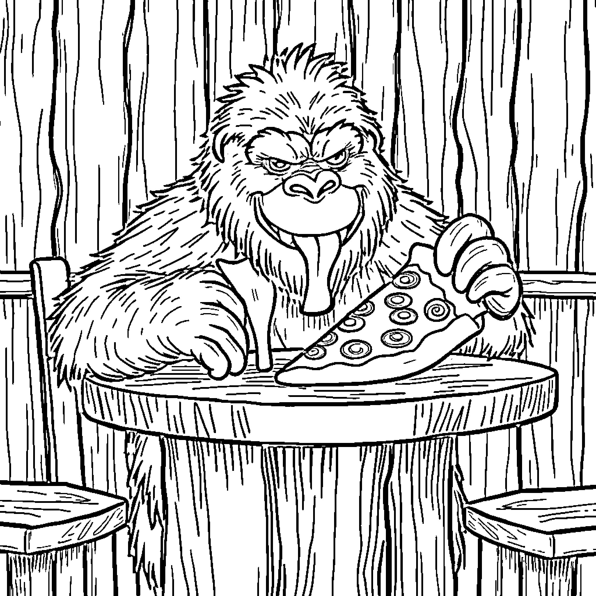 Sasquatch enjoying a tasty meal in the forest Coloring Page (free black-and-white line drawing printable PDF for all, from beginners to advanced learners, including children, teens, adults, and seniors)