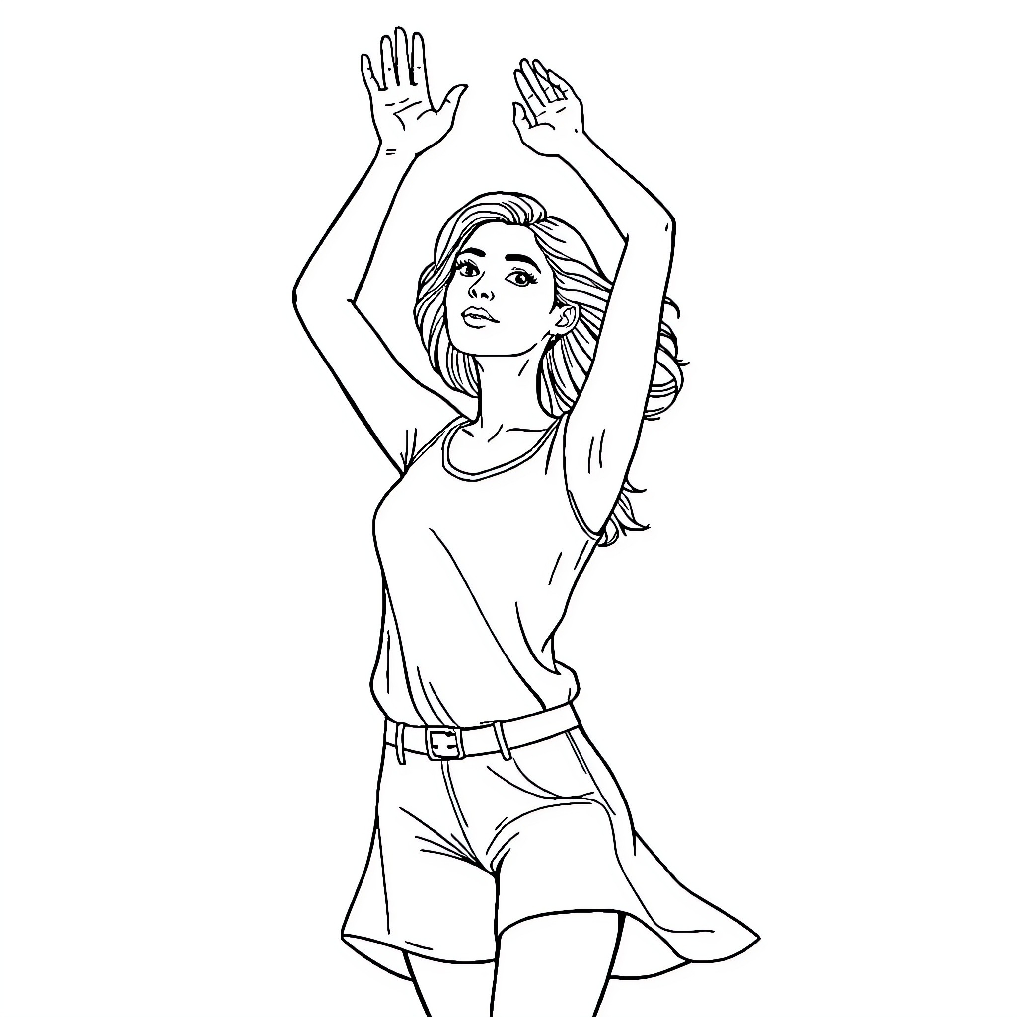Girl joyfully raising her arms Coloring Page (free black-and-white line drawing printable PDF for all, from beginners to advanced learners, including children, teens, adults, and seniors)