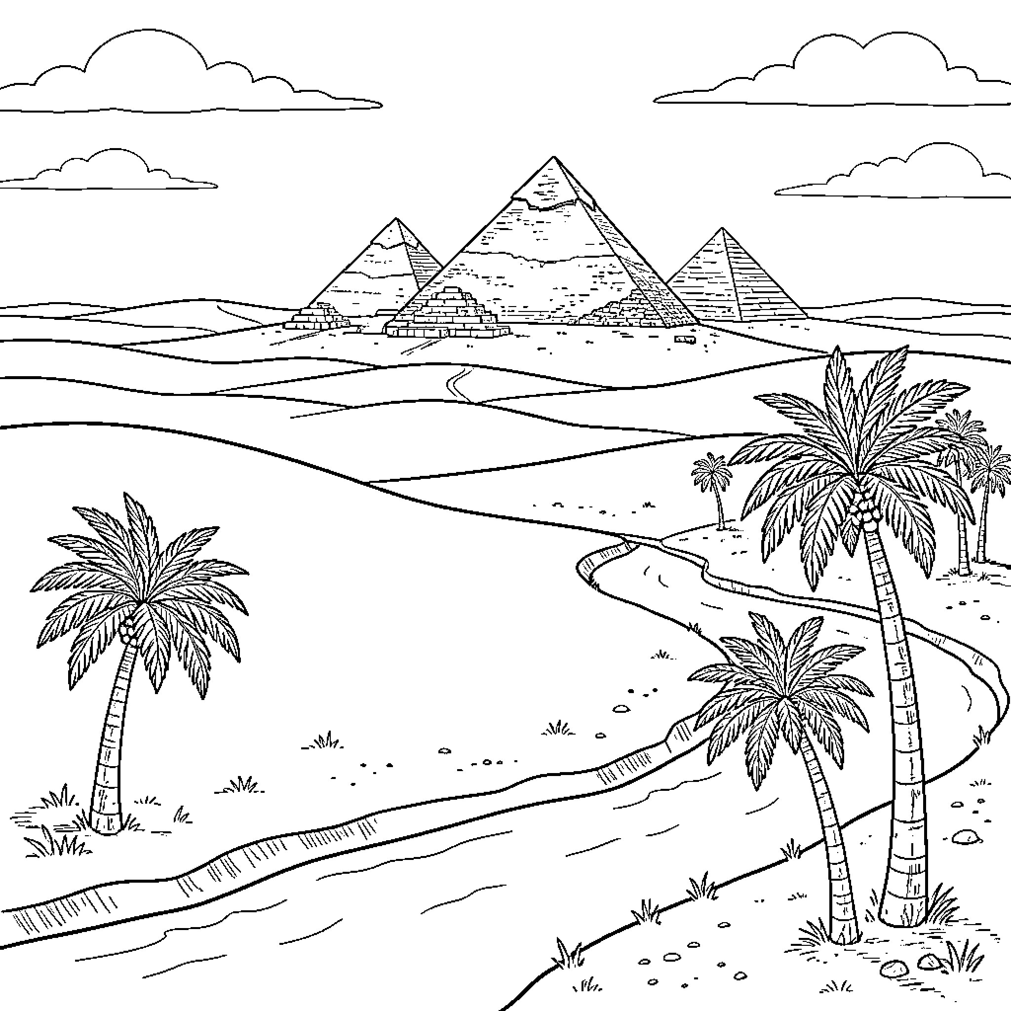 Egypt pyramids standing in a desert landscape with palm trees Coloring Page (free black-and-white line drawing printable PDF for all, from beginners to advanced learners, including children, teens, adults, and seniors)
