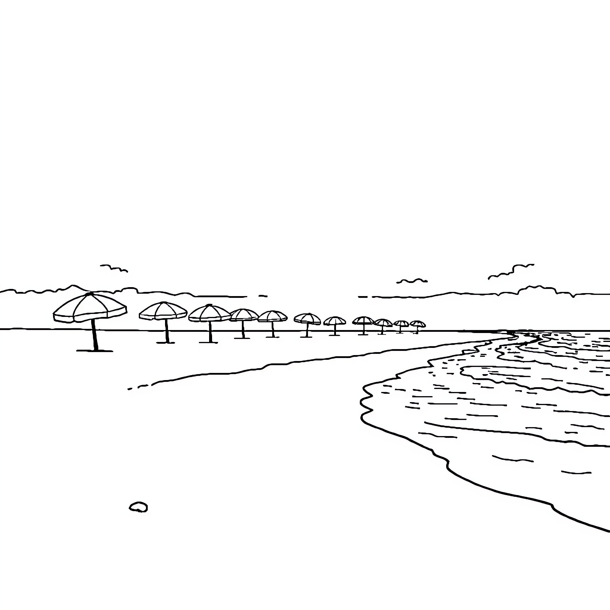 Beach umbrellas lining the sandy shore Coloring Page (free black-and-white line drawing printable PDF for all, from beginners to advanced learners, including children, teens, adults, and seniors)