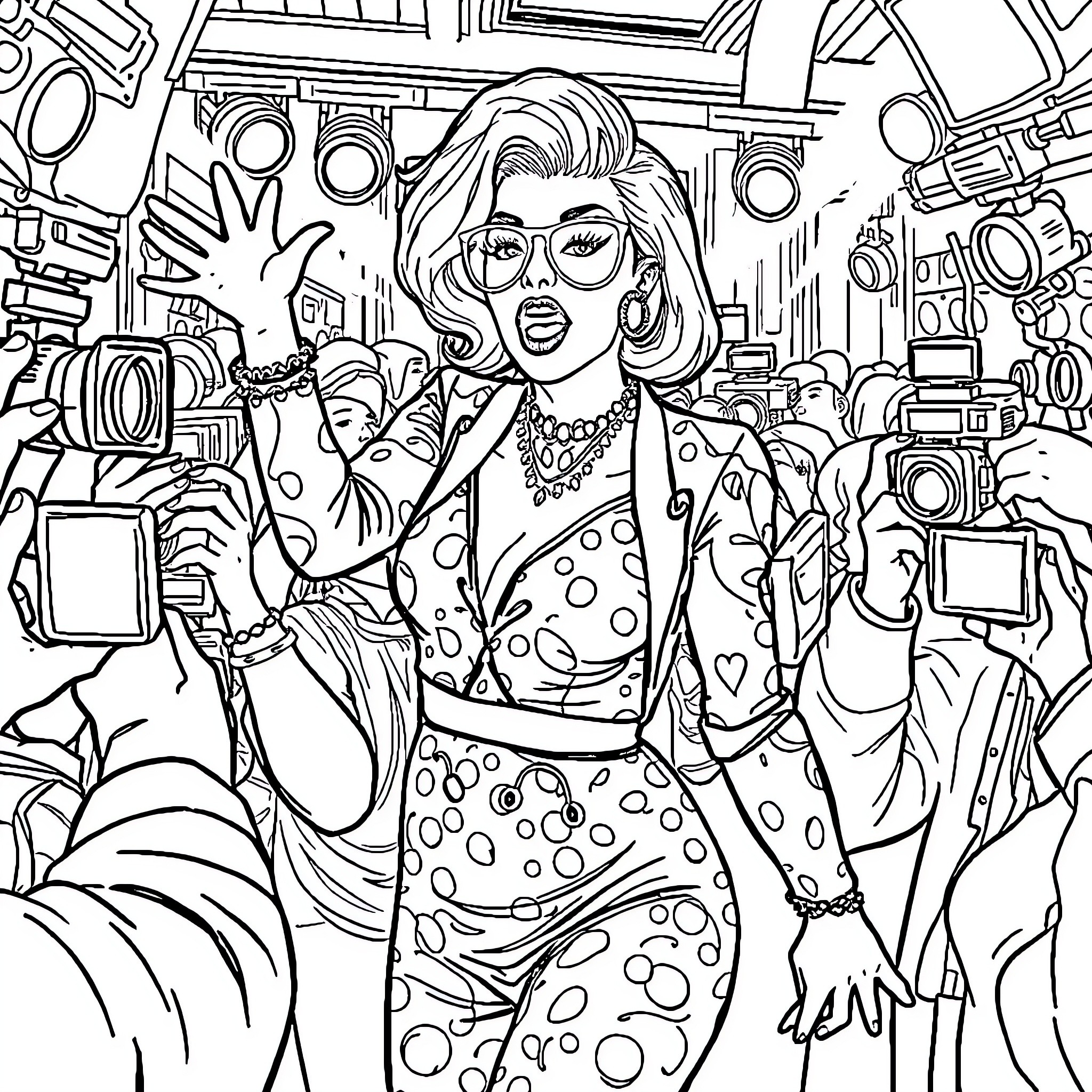 Lady Gaga's Eccentric Fashion Frenzy Coloring Page (free black-and-white line drawing printable PDF for all, from beginners to advanced learners, including children, teens, adults, and seniors)