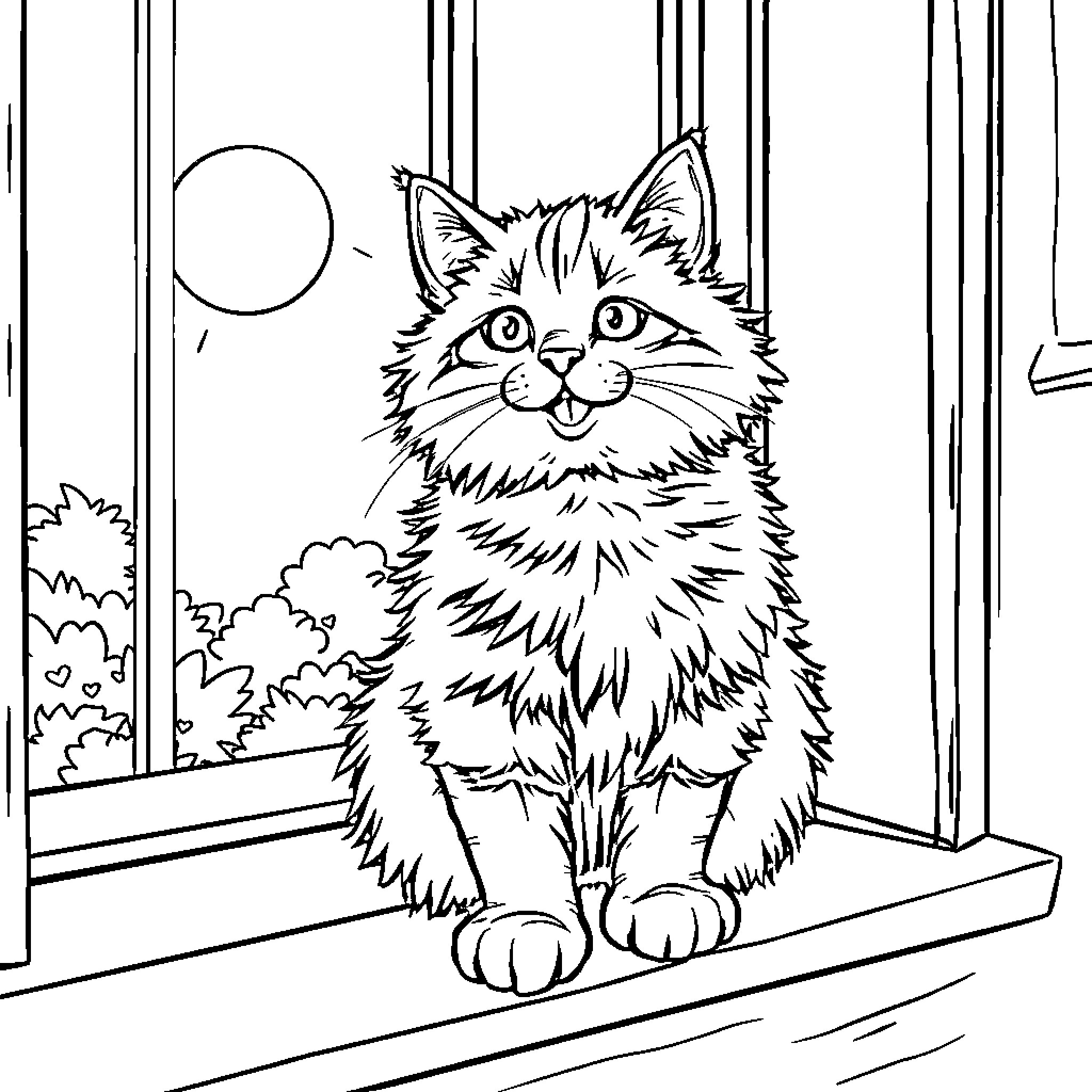 Tabby Cat Sitting Contentedly in the Window Coloring Page (free black-and-white line drawing printable PDF for all, from beginners to advanced learners, including children, teens, adults, and seniors)