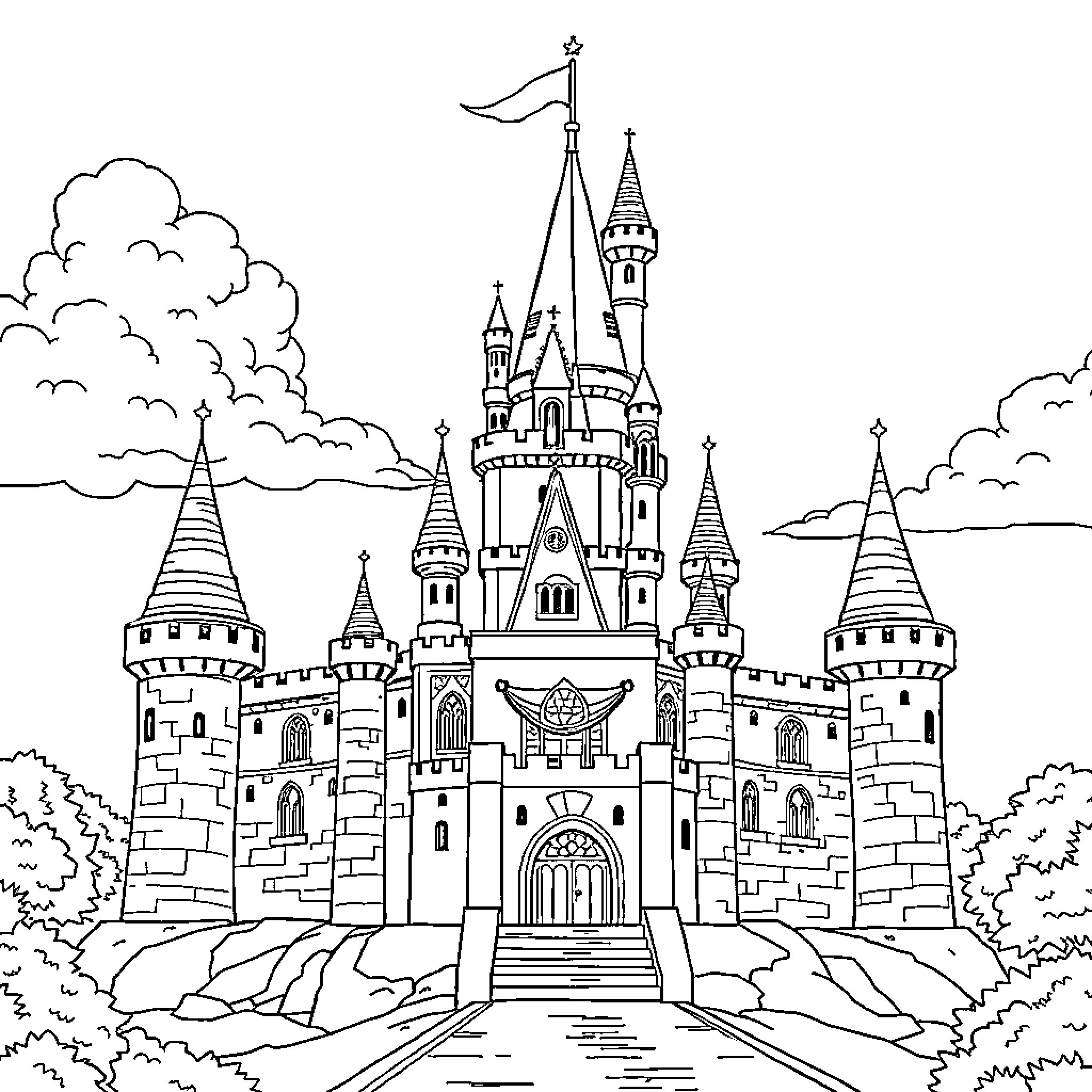 Castle with Spires and Towers in Fantastical Landscape Coloring Page (free black-and-white line drawing printable PDF for all, from beginners to advanced learners, including children, teens, adults, and seniors)