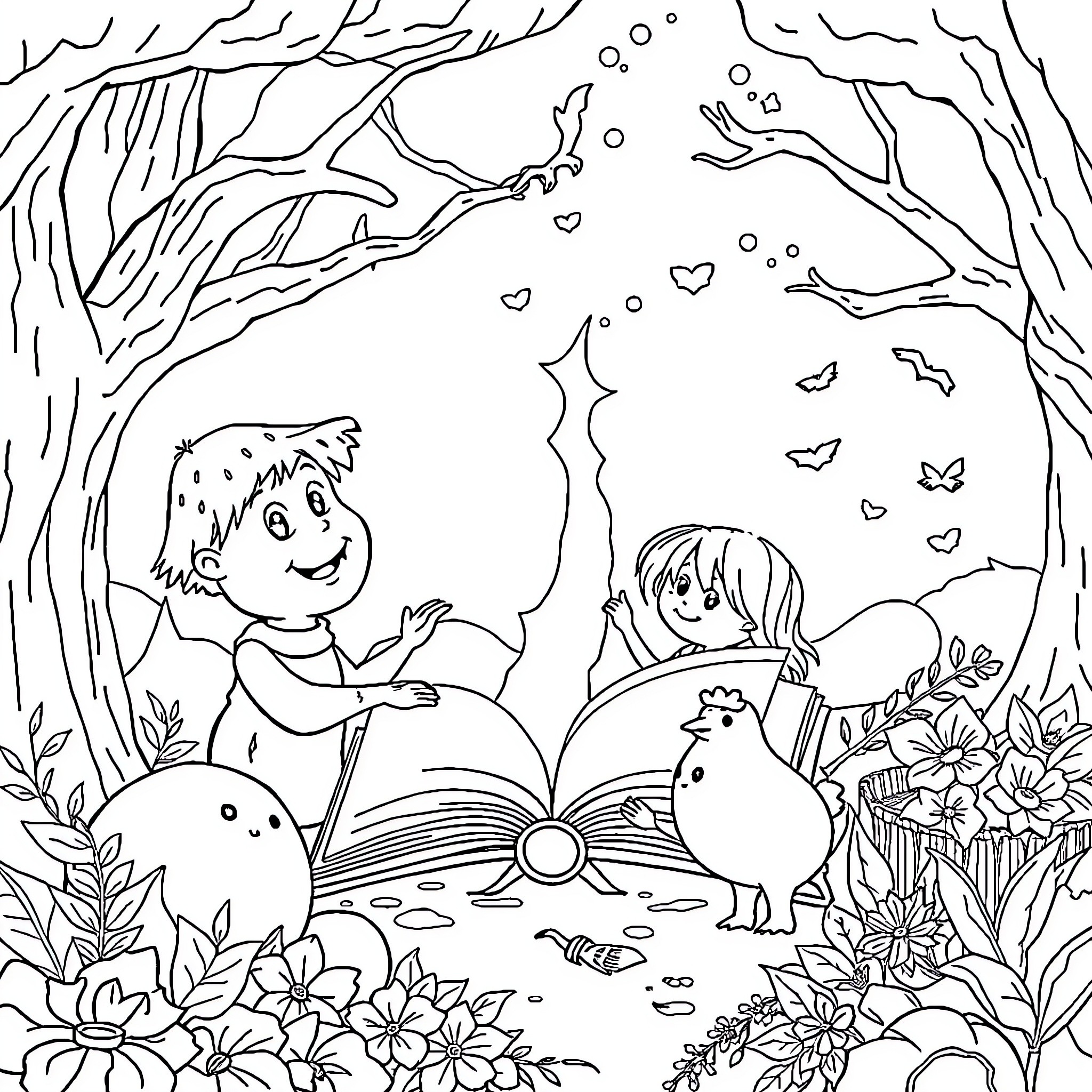 Story of Children Reading a Book in the Forest Coloring Page (free black-and-white line drawing printable PDF for all, from beginners to advanced learners, including children, teens, adults, and seniors)