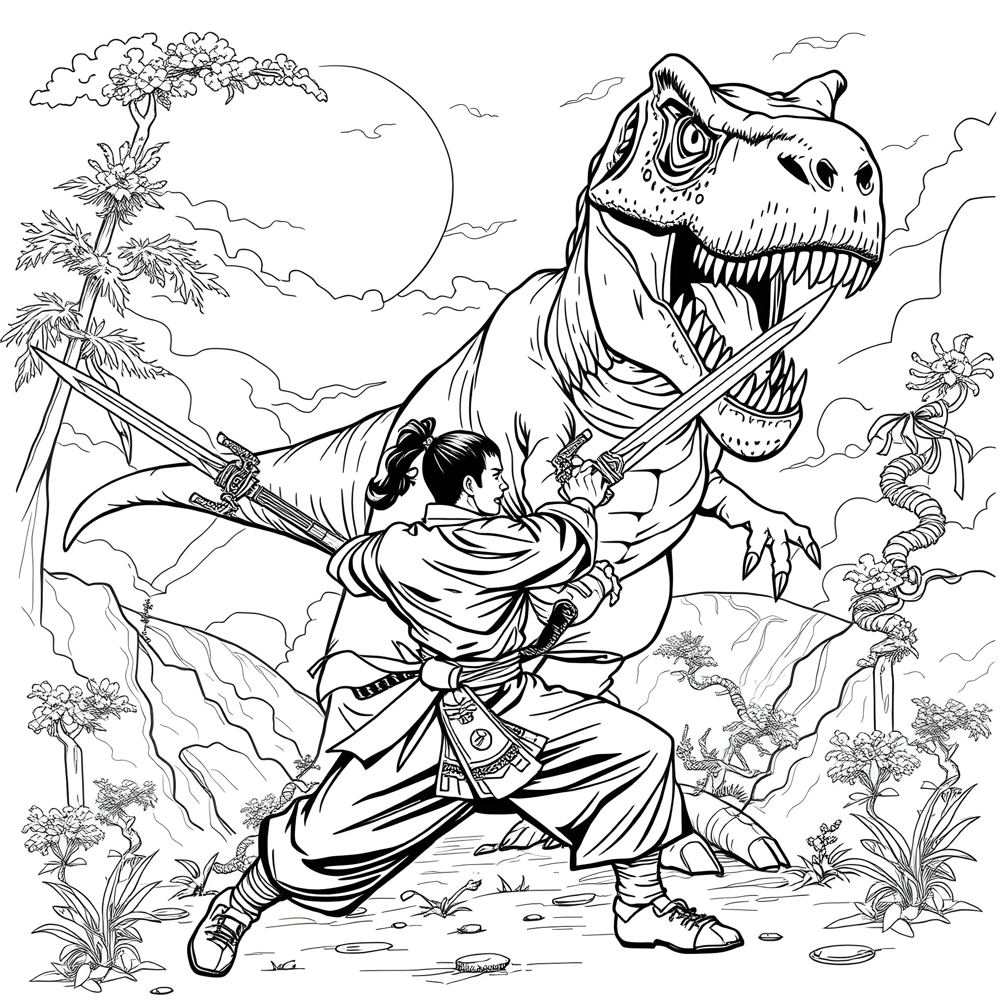 Kung Fu Fighter confronting a Ferocious Dinosaur Coloring Page (free black-and-white line drawing printable PDF for all, from beginners to advanced learners, including children, teens, adults, and seniors)