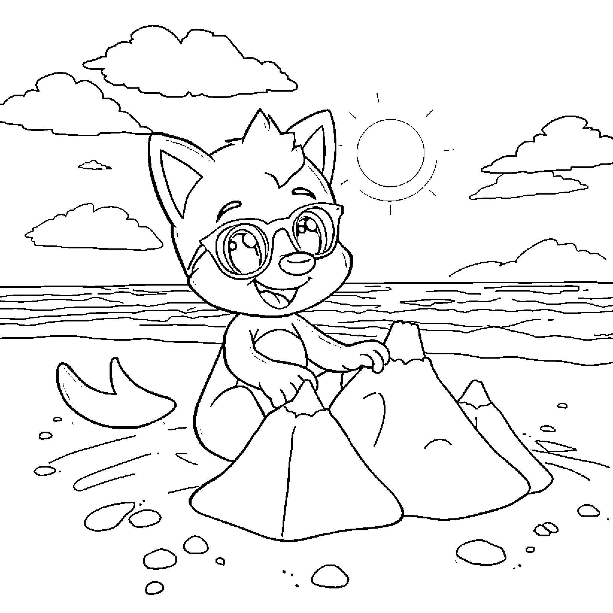 Bluey playing at the beach Coloring Page (free black-and-white line drawing printable PDF for all, from beginners to advanced learners, including children, teens, adults, and seniors)