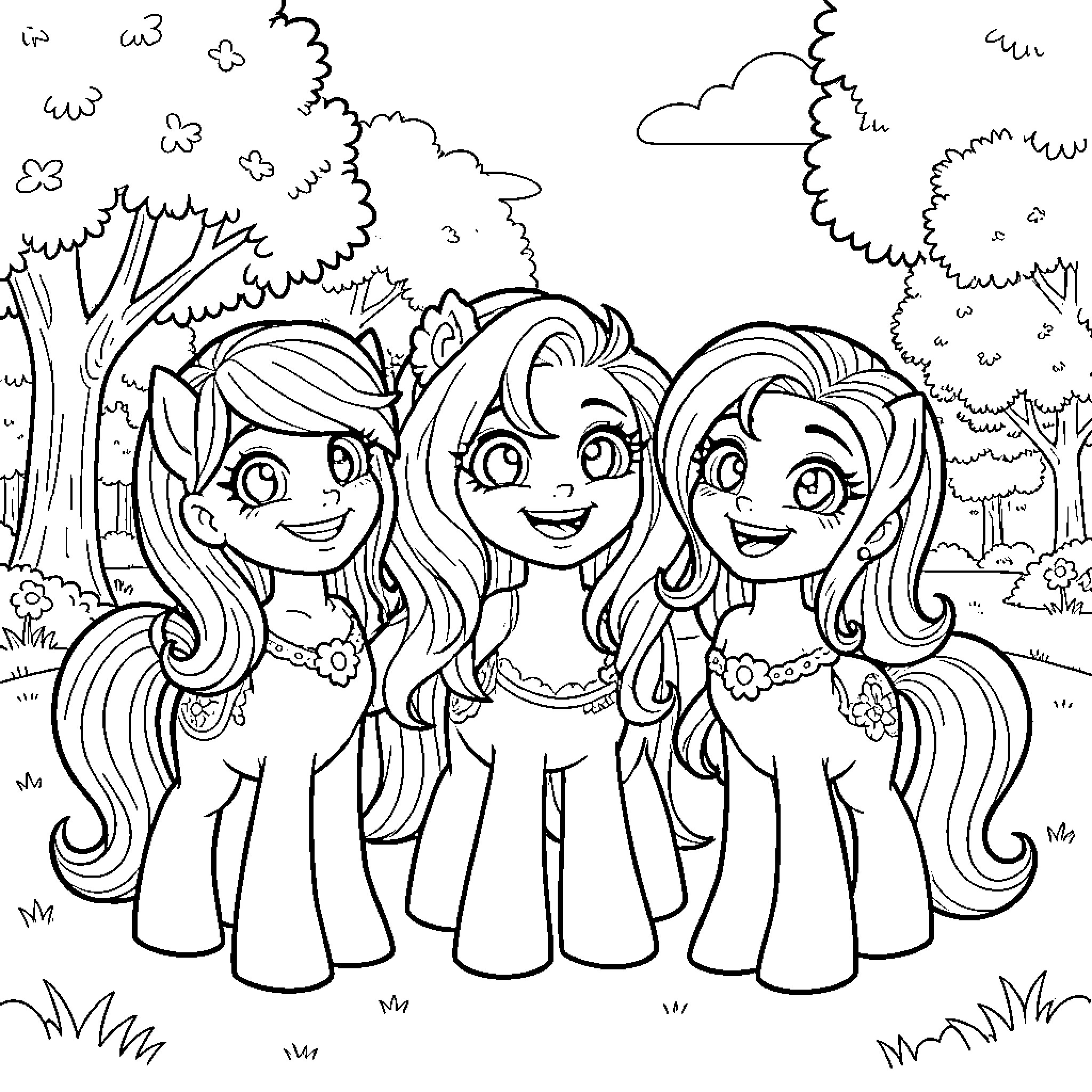 Pony friends enjoying the outdoors together Coloring Page (free black-and-white line drawing printable PDF for all, from beginners to advanced learners, including children, teens, adults, and seniors)