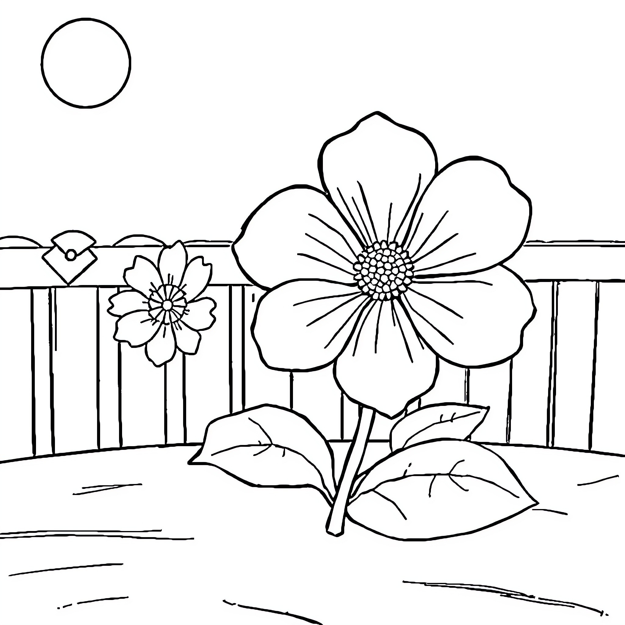 Sponge Flower blooming on the garden deck Coloring Page (free black-and-white line drawing printable PDF for all, from beginners to advanced learners, including children, teens, adults, and seniors)