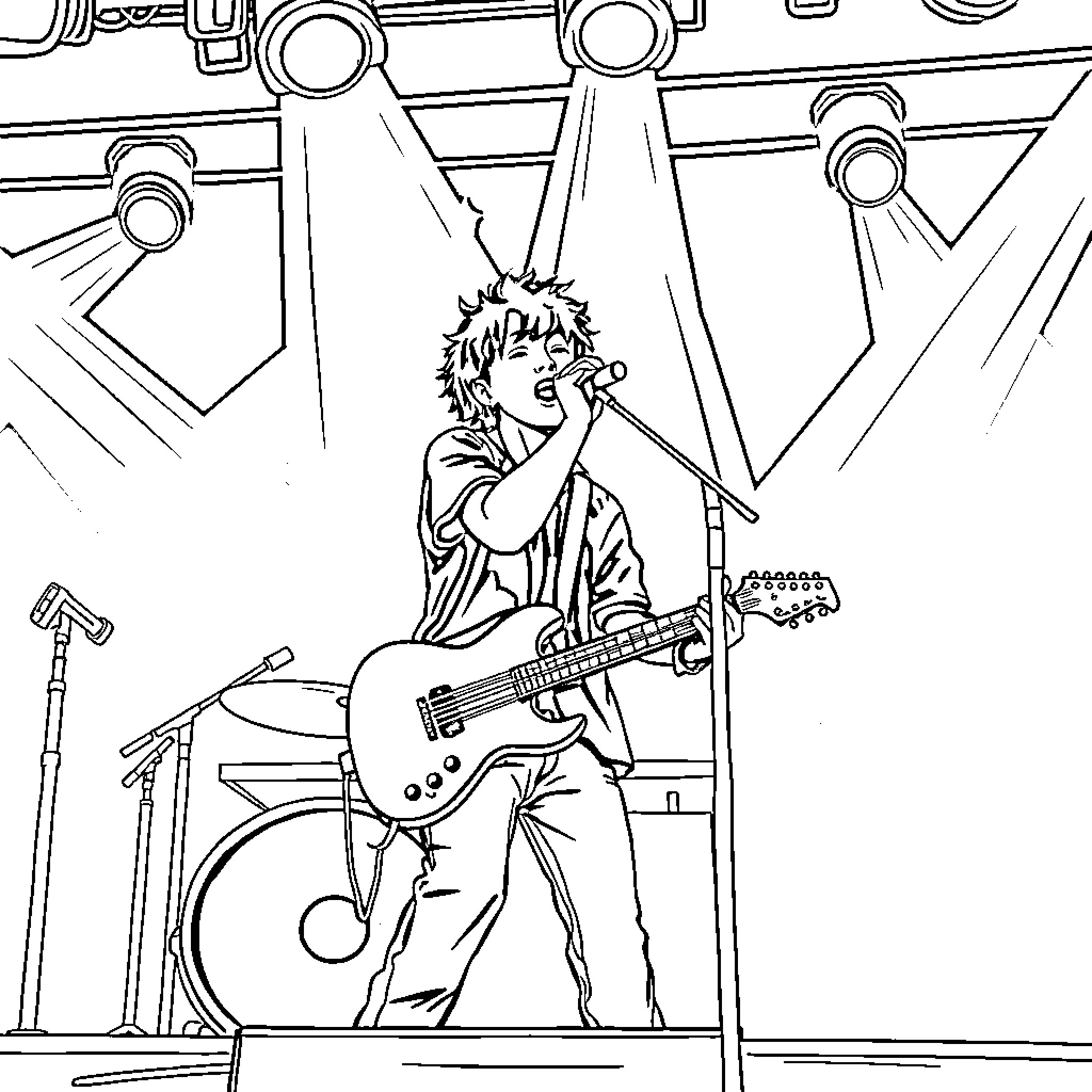 Stray Kids performing on stage with energy Coloring Page (free black-and-white line drawing printable PDF for all, from beginners to advanced learners, including children, teens, adults, and seniors)