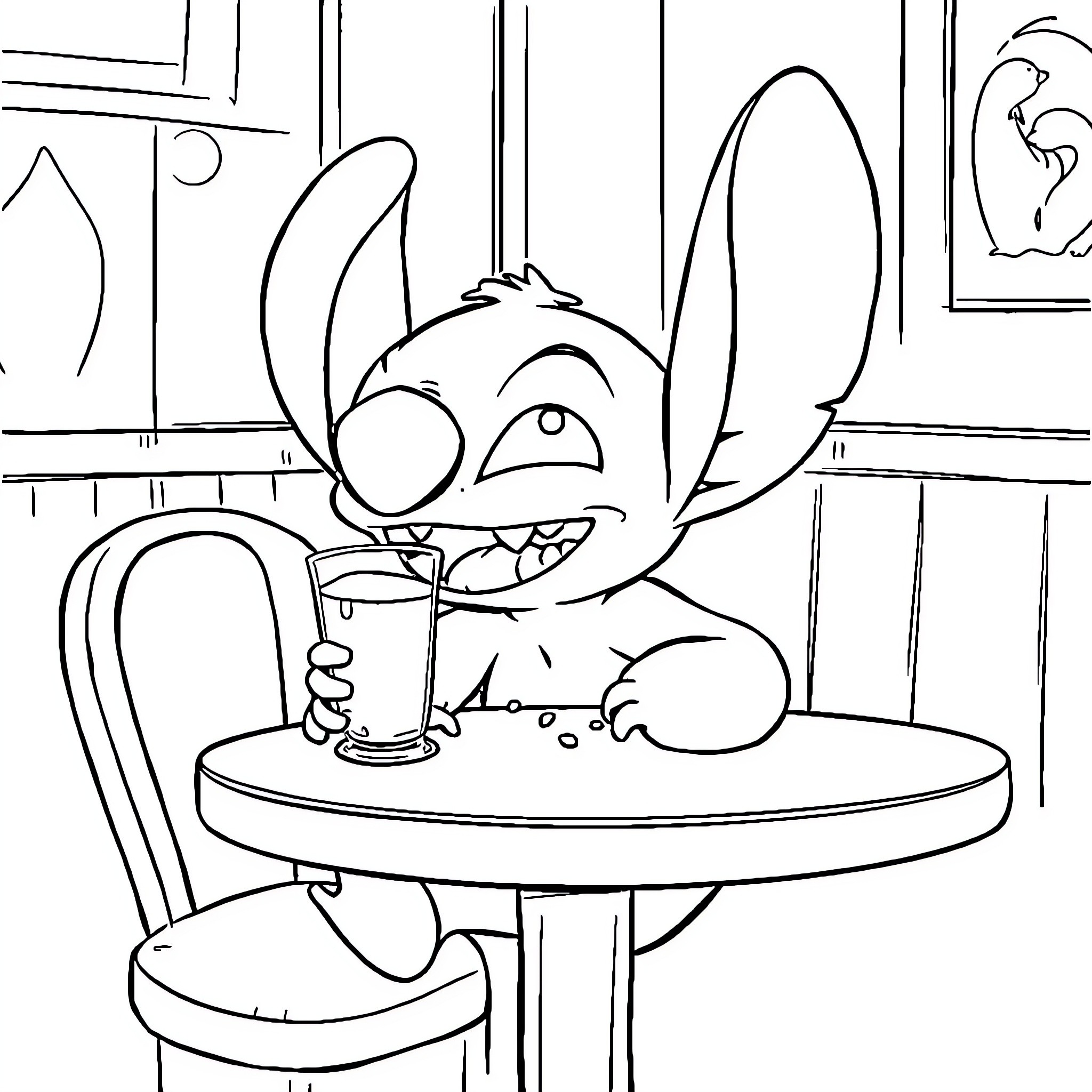Stitch drinking a beverage in a cozy room Coloring Page (free black-and-white line drawing printable PDF for all, from beginners to advanced learners, including children, teens, adults, and seniors)