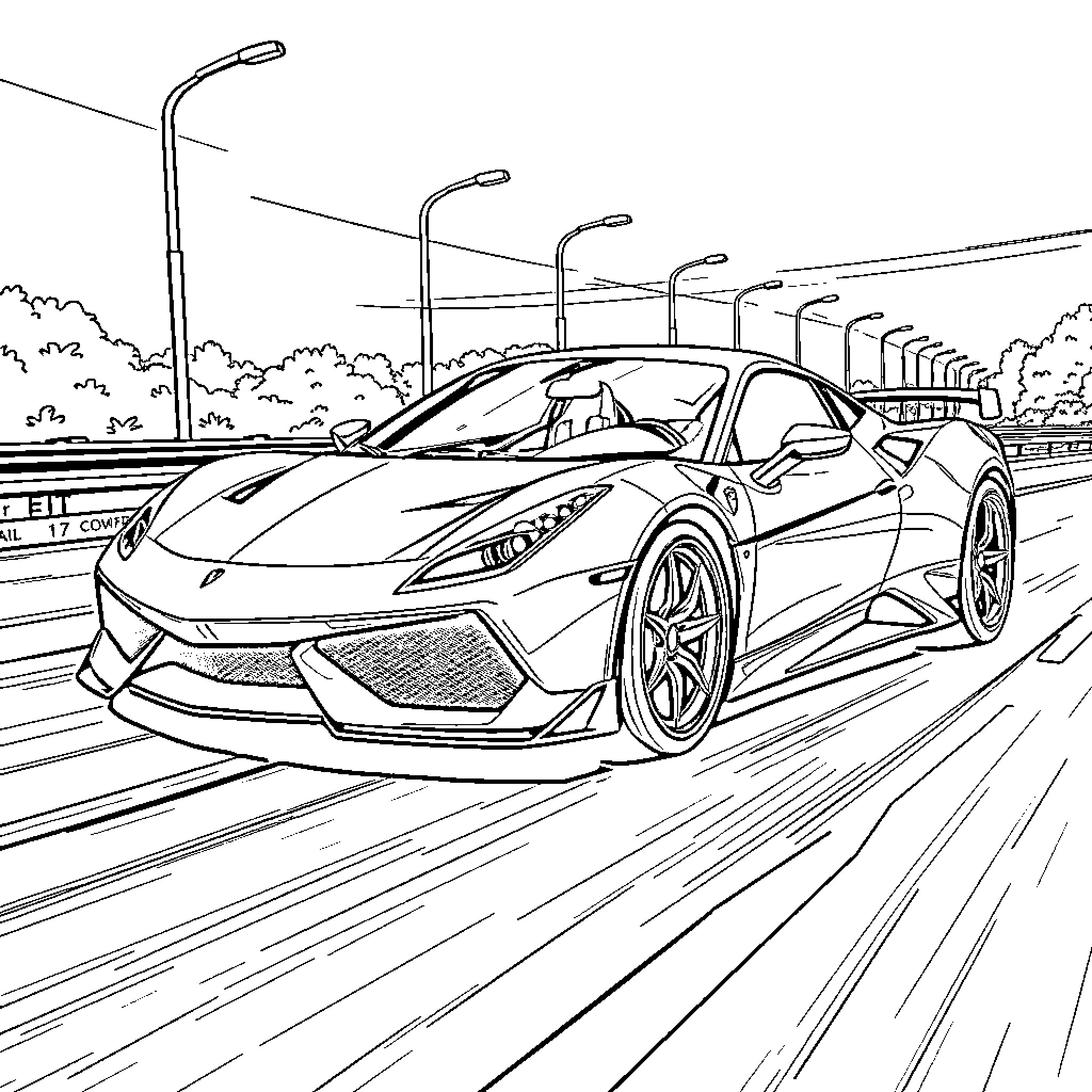 Sport Car racing on the highway Coloring Page (free black-and-white line drawing printable PDF for all, from beginners to advanced learners, including children, teens, adults, and seniors)