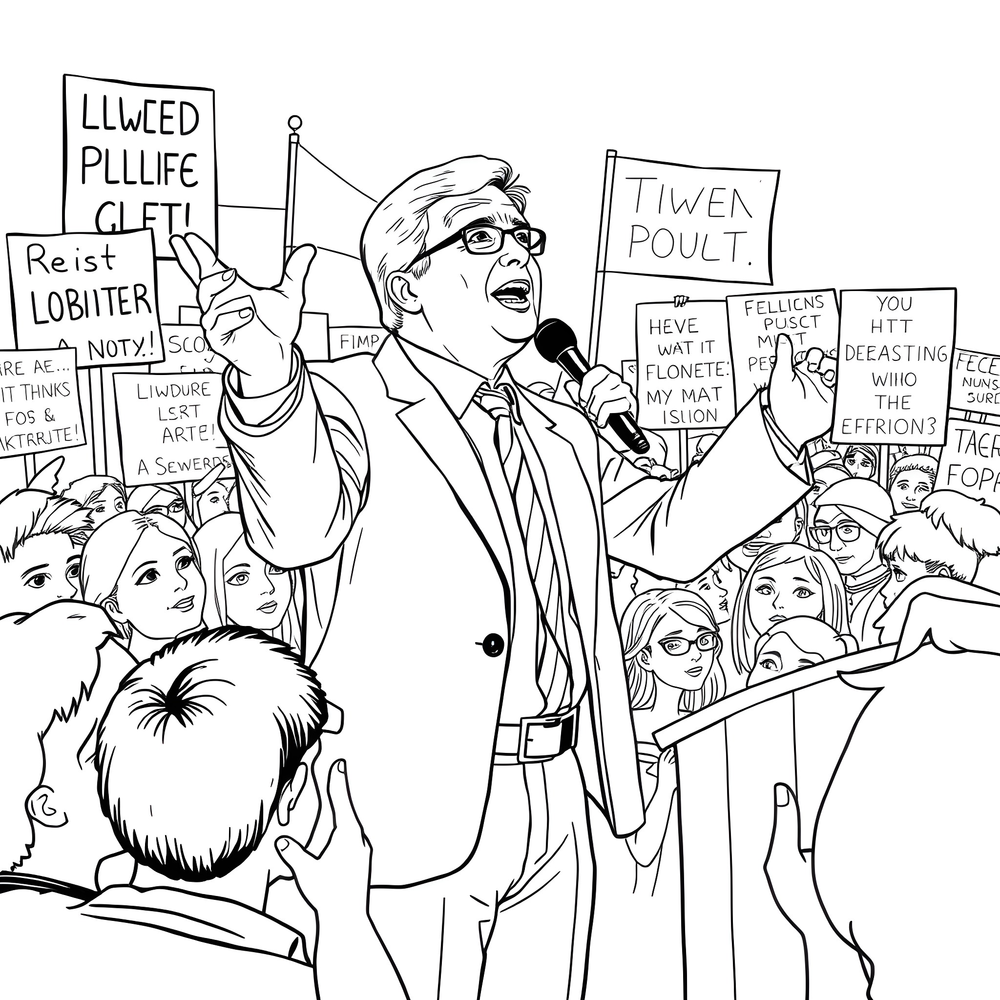 Trump addressing a crowd of protesters with signs Coloring Page (free black-and-white line drawing printable PDF for all, from beginners to advanced learners, including children, teens, adults, and seniors)