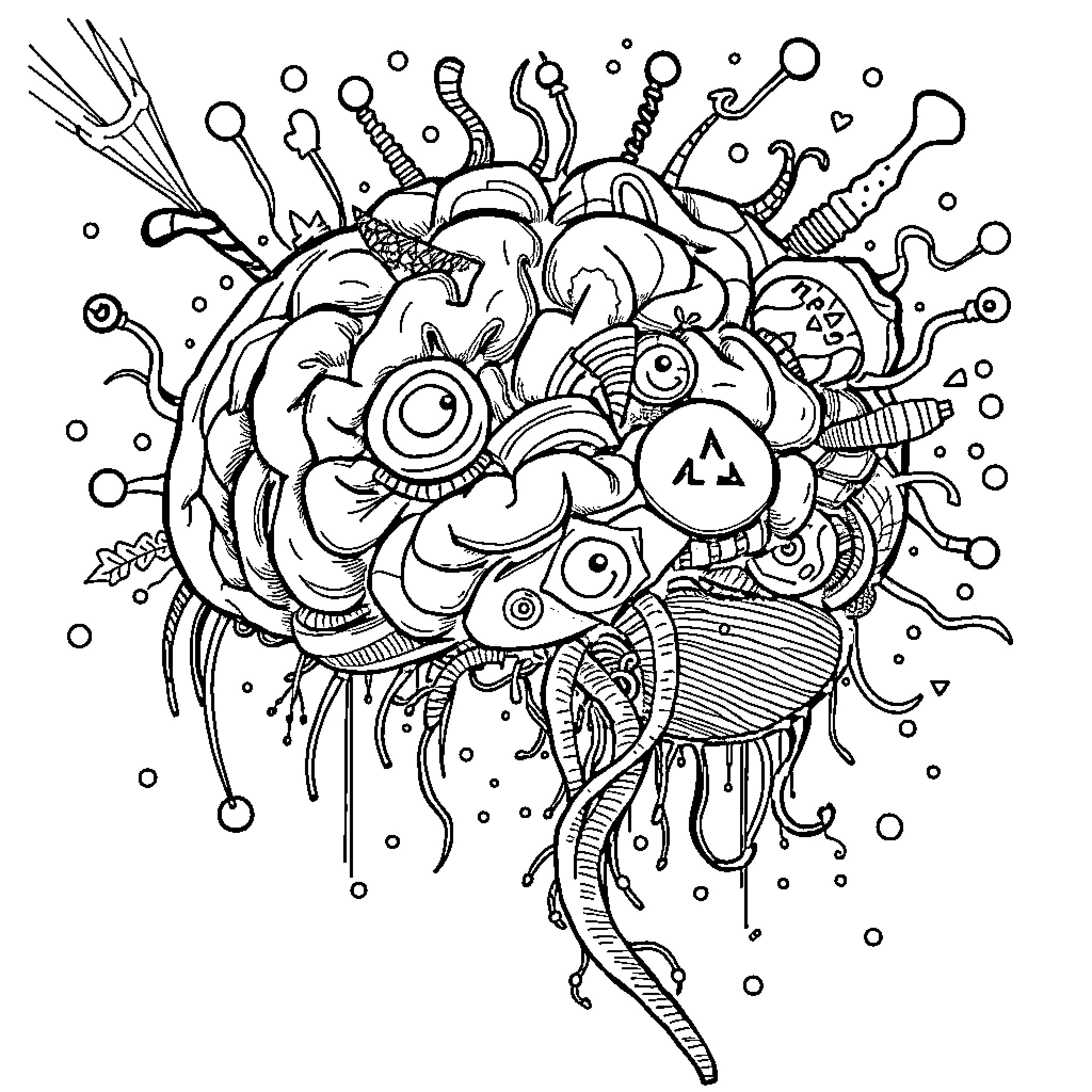 Brainrot: A Surreal Imaginative Explosion Coloring Page (free black-and-white line drawing printable PDF for all, from beginners to advanced learners, including children, teens, adults, and seniors)