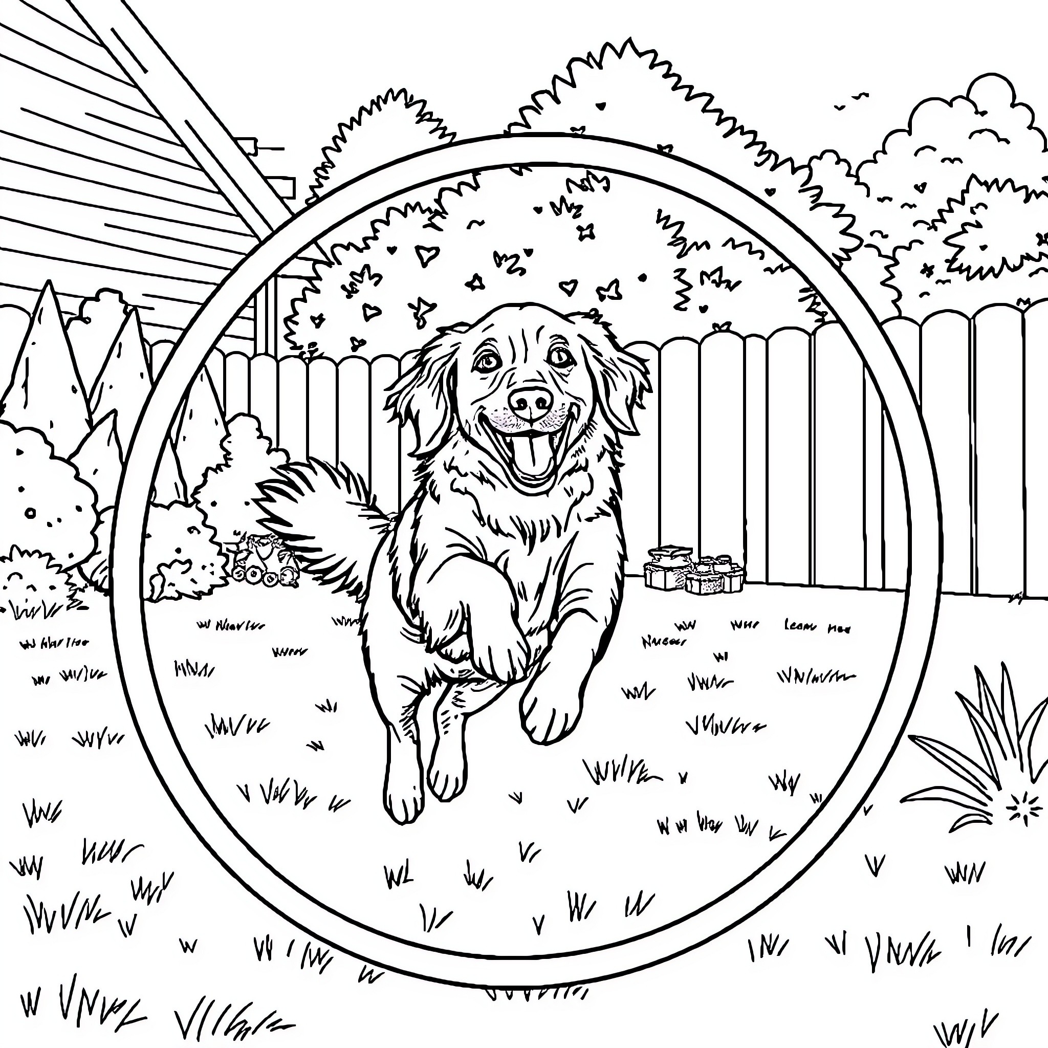 Golden Retriever playing joyfully in the backyard Coloring Page (free black-and-white line drawing printable PDF for all, from beginners to advanced learners, including children, teens, adults, and seniors)