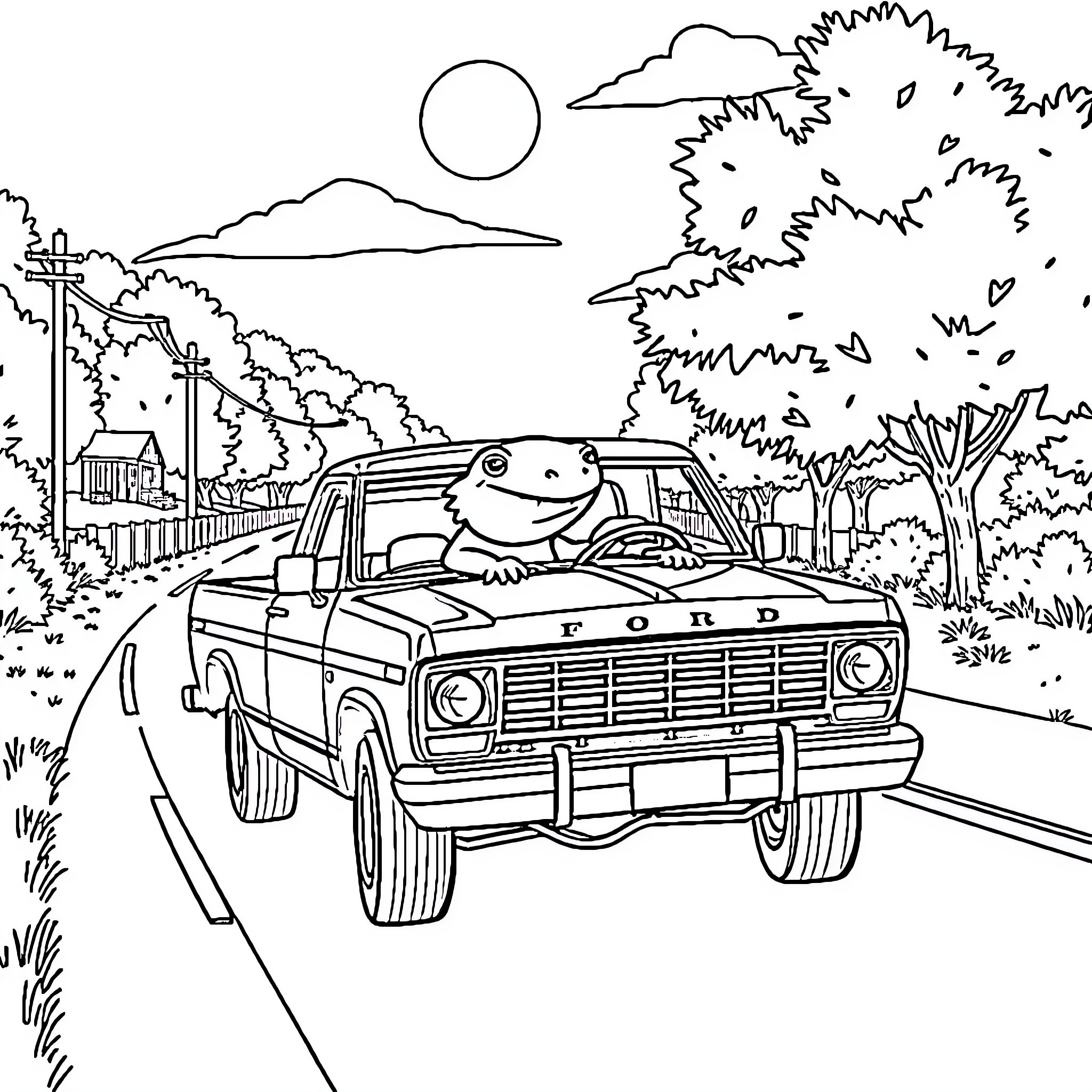 Axolotl riding in a Ford truck through the countryside Coloring Page (free black-and-white line drawing printable PDF for all, from beginners to advanced learners, including children, teens, adults, and seniors)