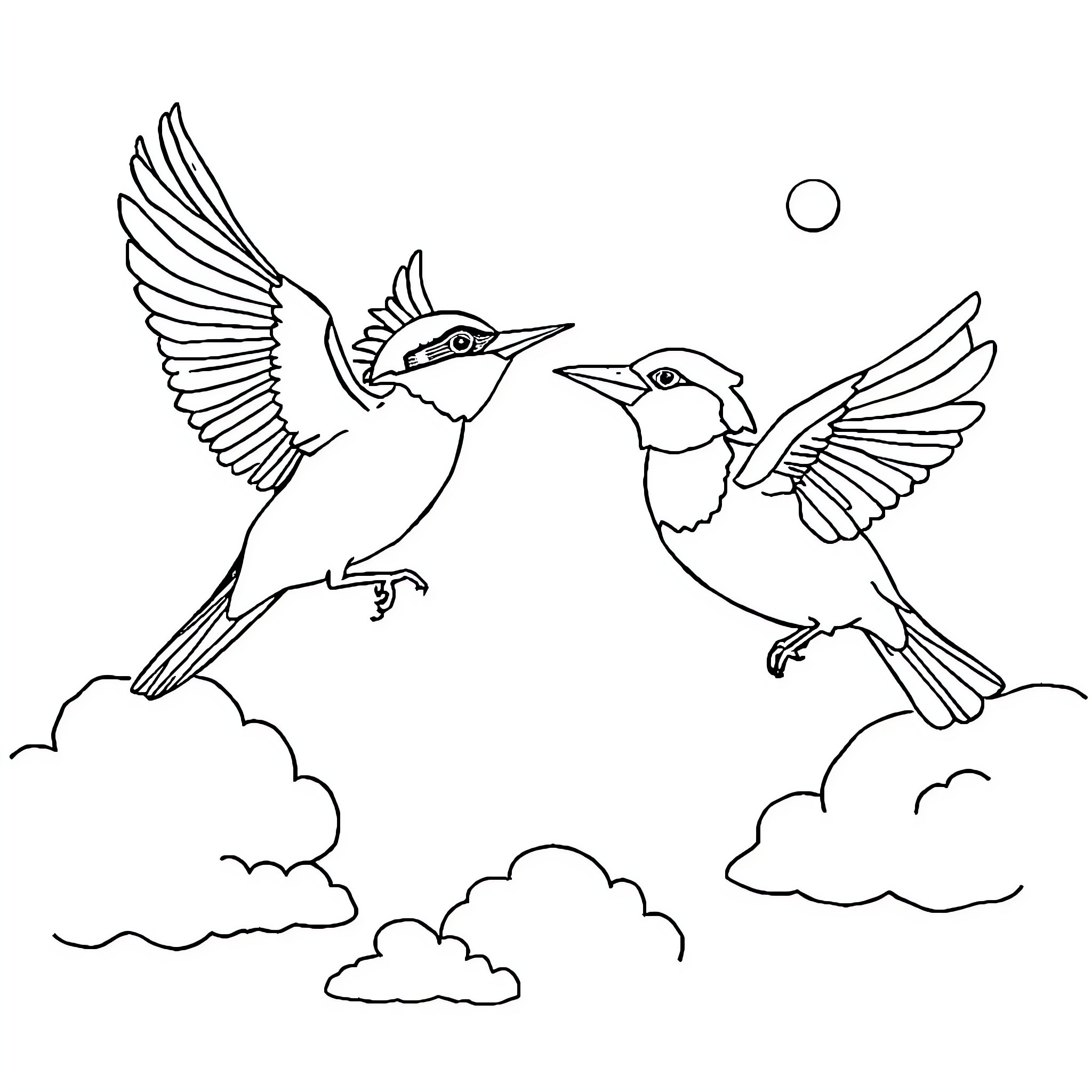 Parrot birds soaring among clouds Coloring Page (free black-and-white line drawing printable PDF for all, from beginners to advanced learners, including children, teens, adults, and seniors)
