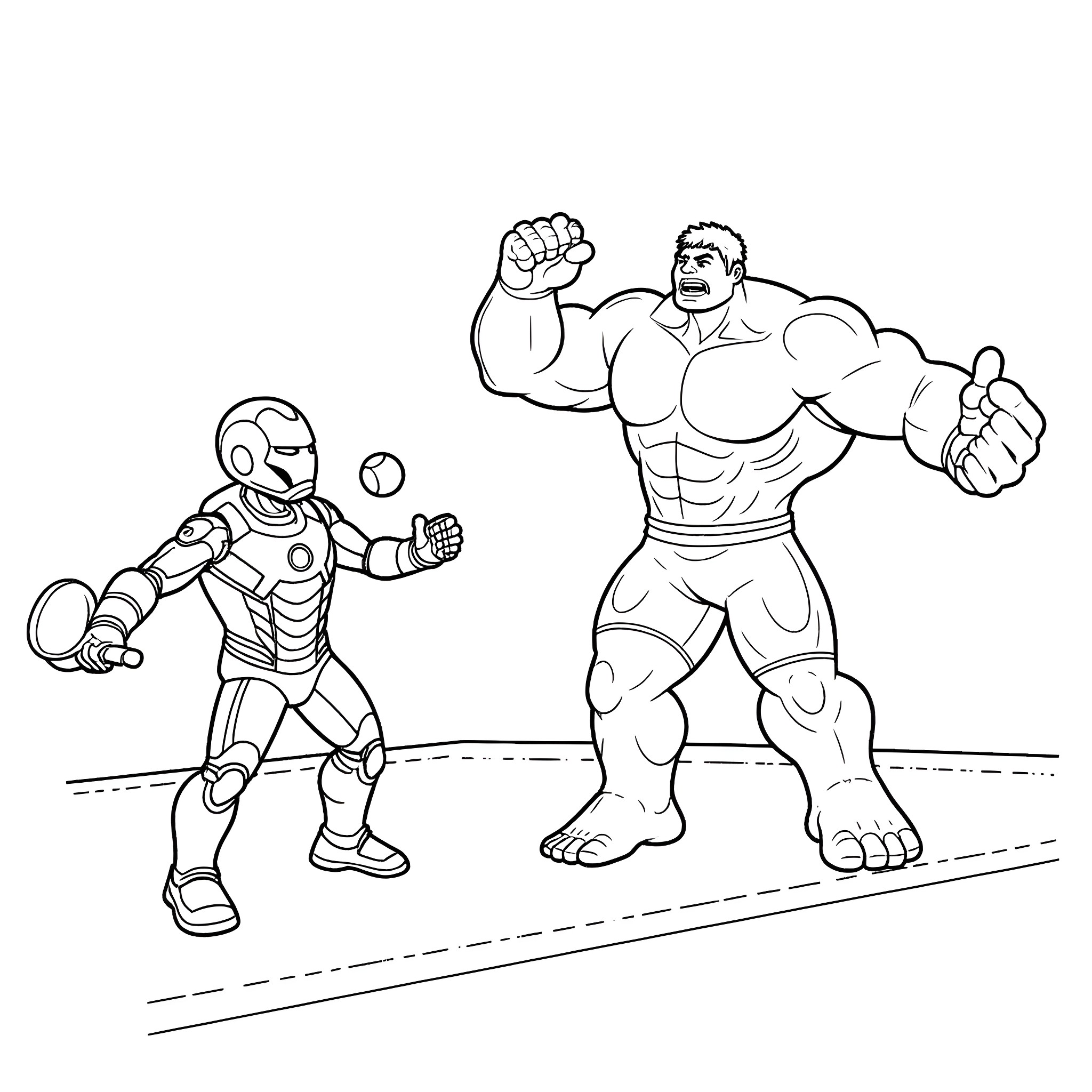 Iron Man Battles Powerful Superhero in Intense Showdown Coloring Page (free black-and-white line drawing printable PDF for all, from beginners to advanced learners, including children, teens, adults, and seniors)