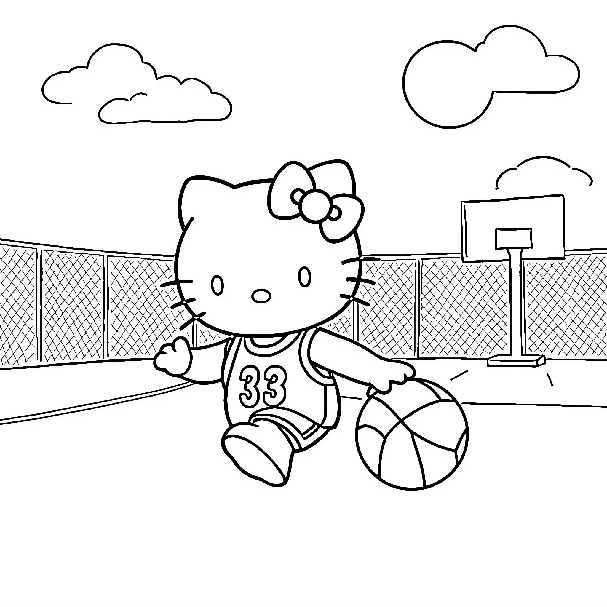 Hello Kitty playing basketball on the court Coloring Page (free black-and-white line drawing printable PDF for all, from beginners to advanced learners, including children, teens, adults, and seniors)