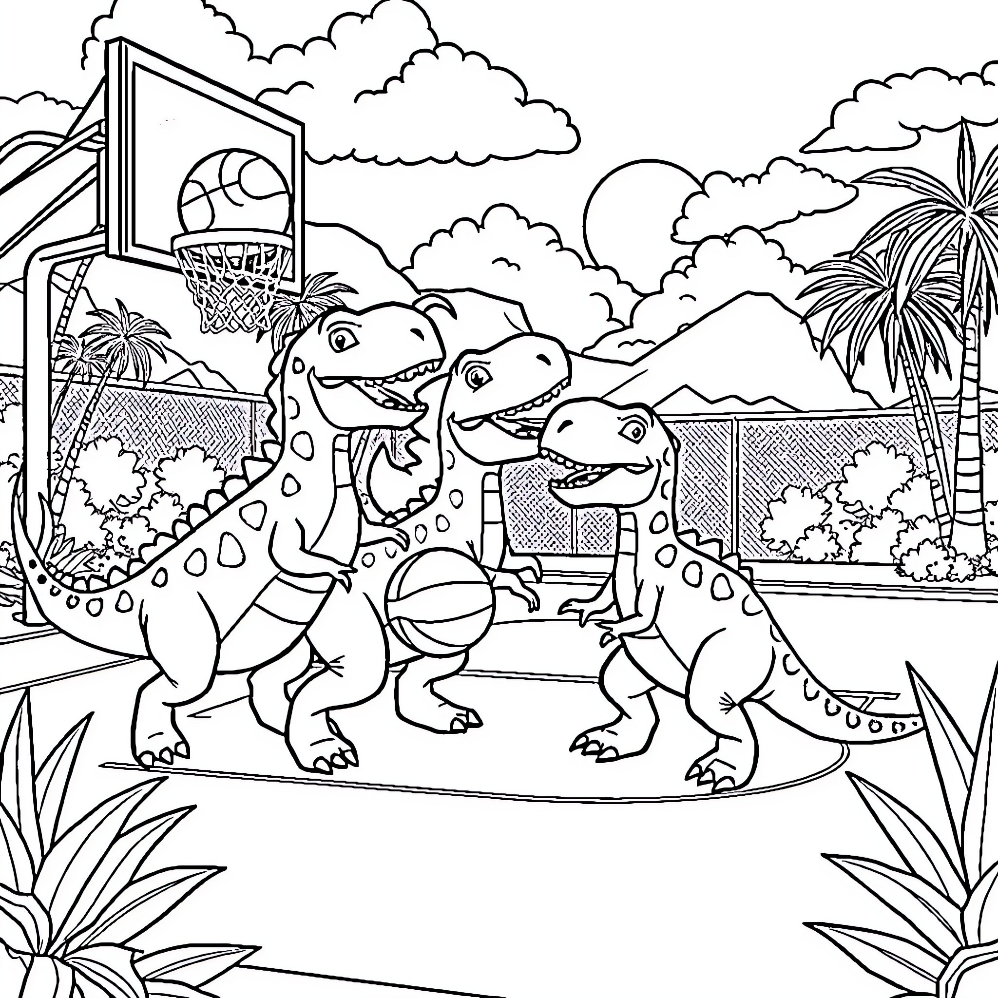 Dinosaur Trio Playing Basketball in the Tropics Coloring Page (free black-and-white line drawing printable PDF for all, from beginners to advanced learners, including children, teens, adults, and seniors)