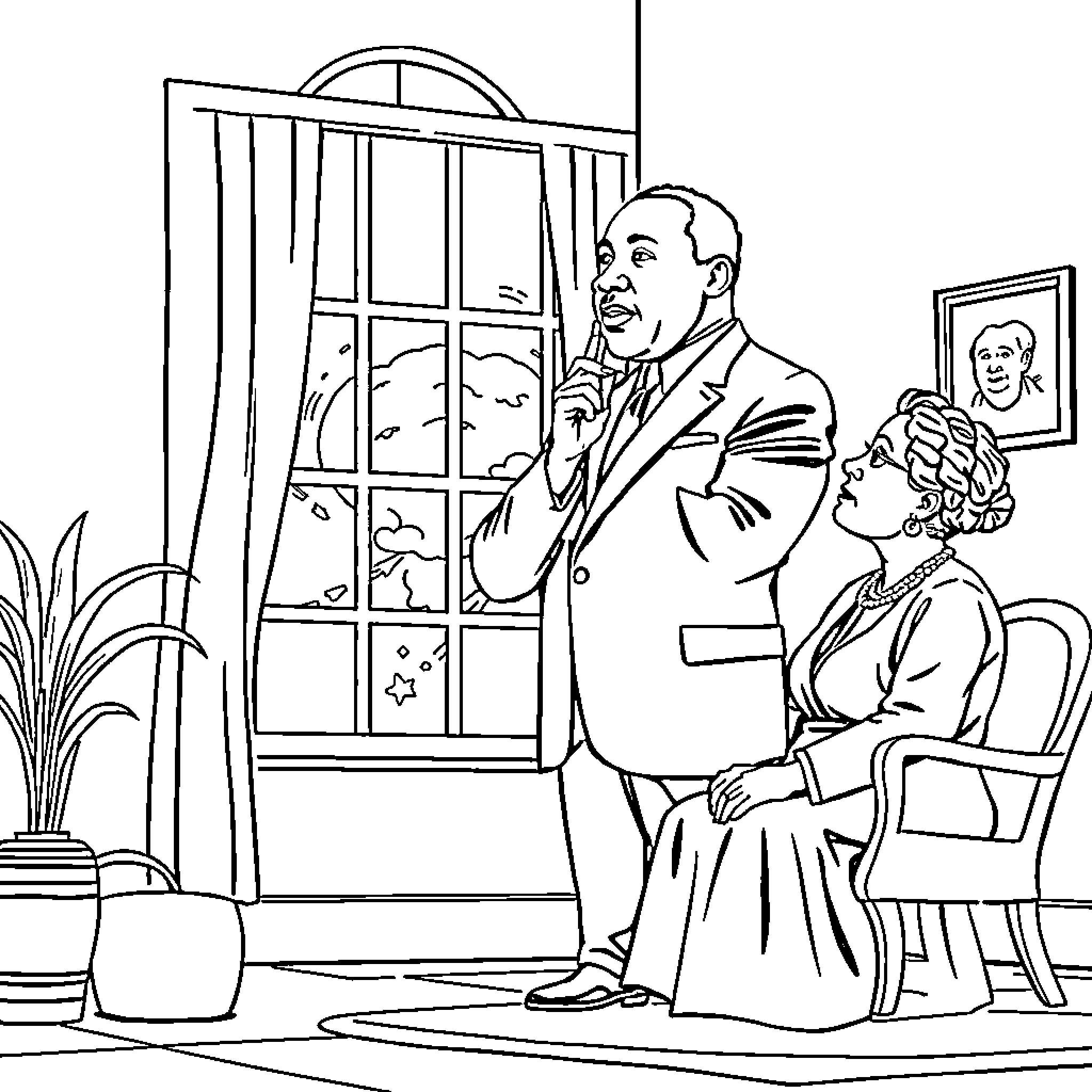 Martin Luther King in Formal Attire Speaking Thoughtfully Coloring Page (free black-and-white line drawing printable PDF for all, from beginners to advanced learners, including children, teens, adults, and seniors)