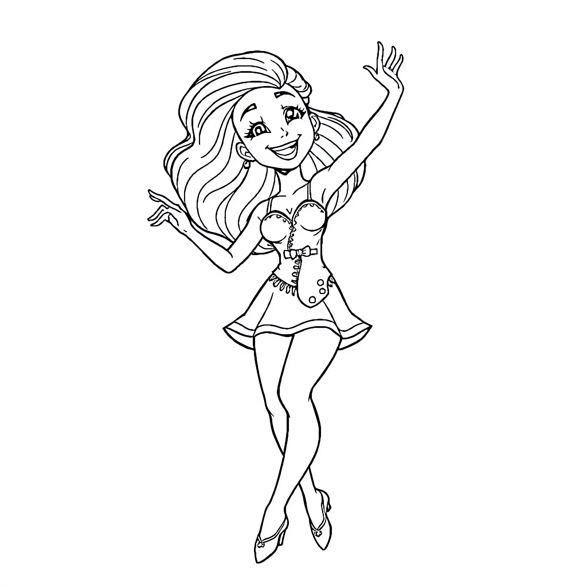 Anime Girl Dancing with Joy Coloring Page (free black-and-white line drawing printable PDF for all, from beginners to advanced learners, including children, teens, adults, and seniors)