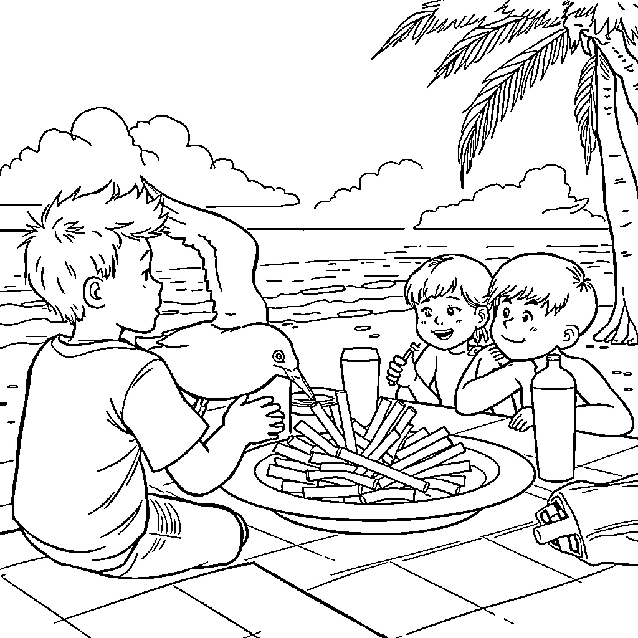 Seagull children enjoying a picnic at the beach Coloring Page (free black-and-white line drawing printable PDF for all, from beginners to advanced learners, including children, teens, adults, and seniors)