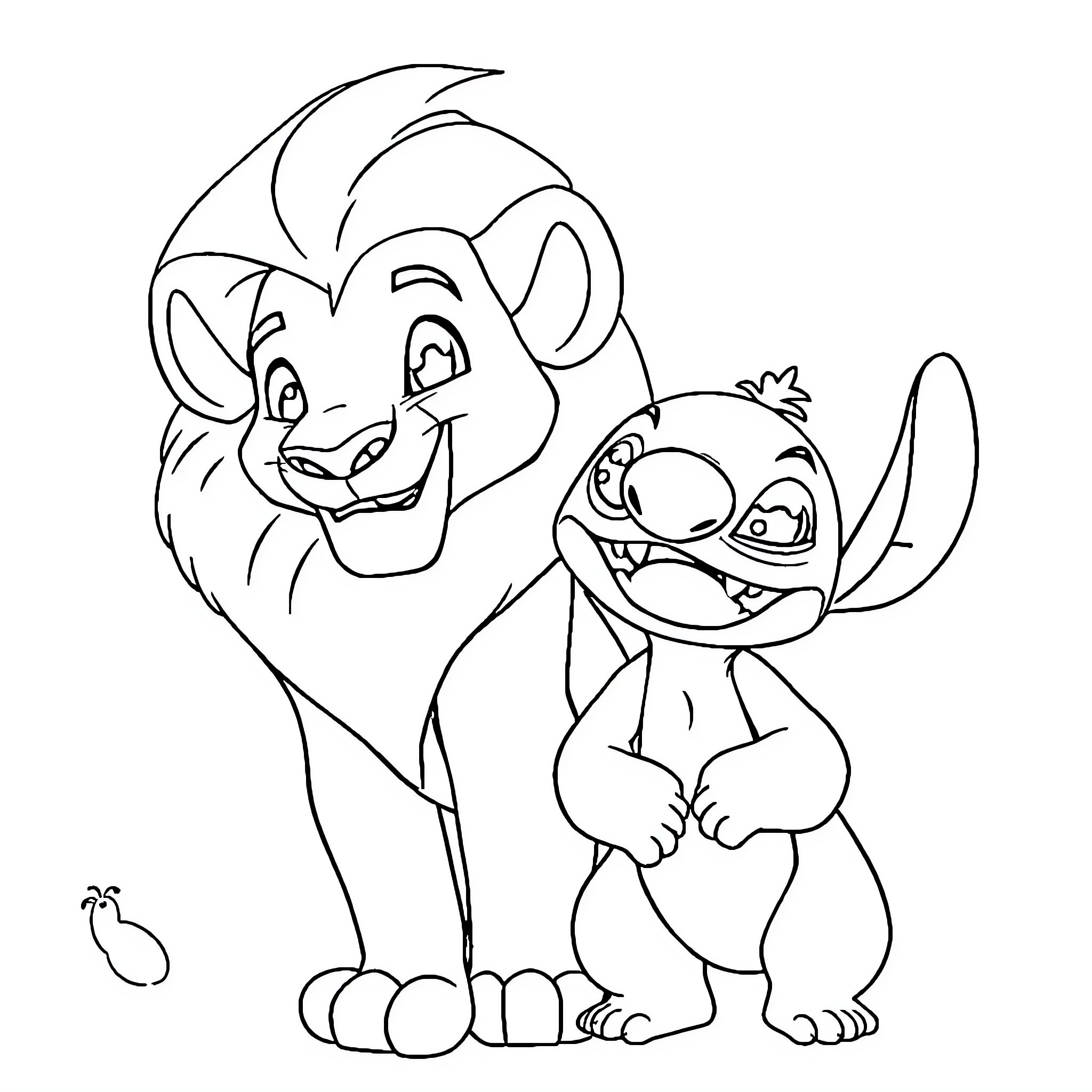 Simba and Stitch Enjoying Lighthearted Moment Coloring Page (free black-and-white line drawing printable PDF for all, from beginners to advanced learners, including children, teens, adults, and seniors)