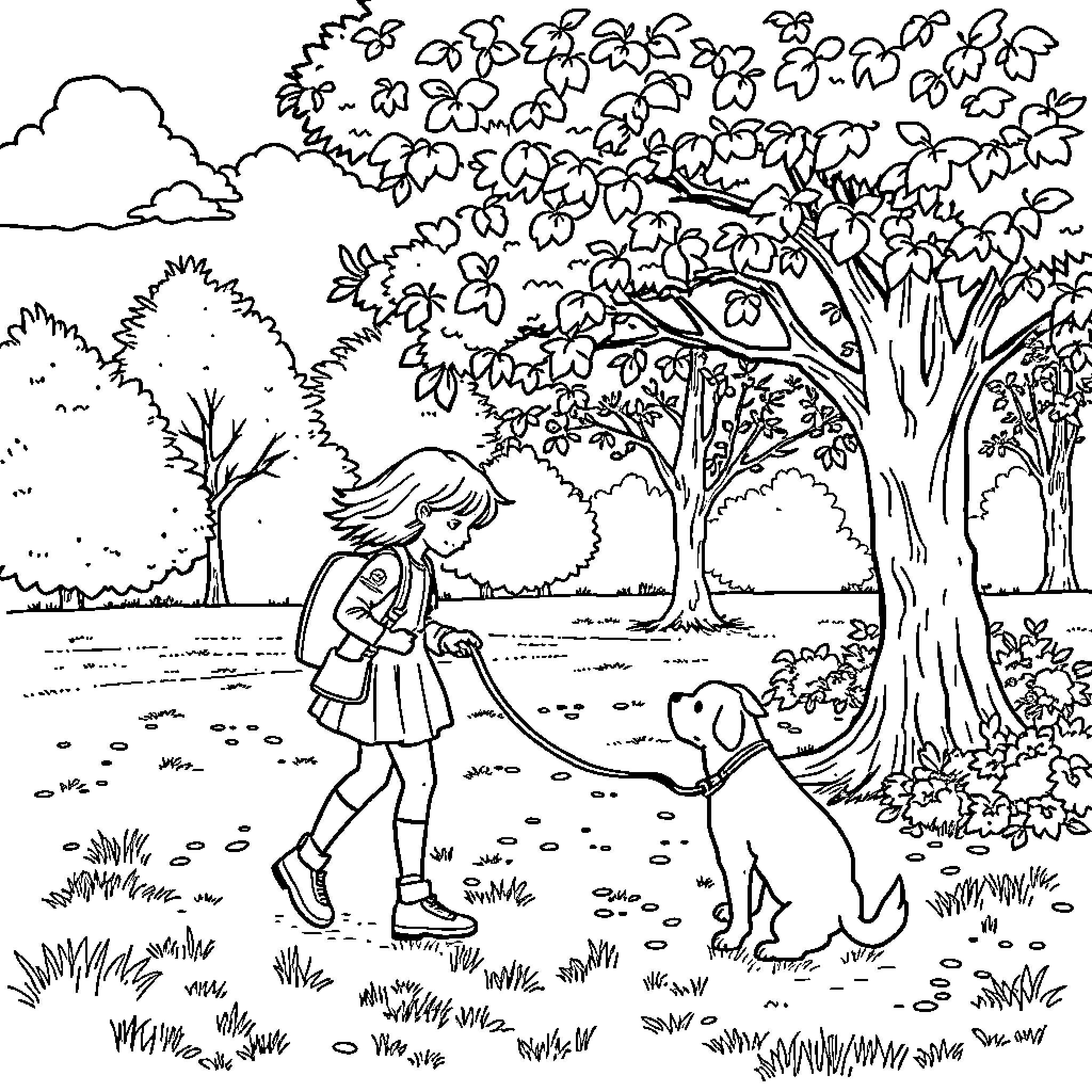 Girl walking her dog in the park Coloring Page (free black-and-white line drawing printable PDF for all, from beginners to advanced learners, including children, teens, adults, and seniors)