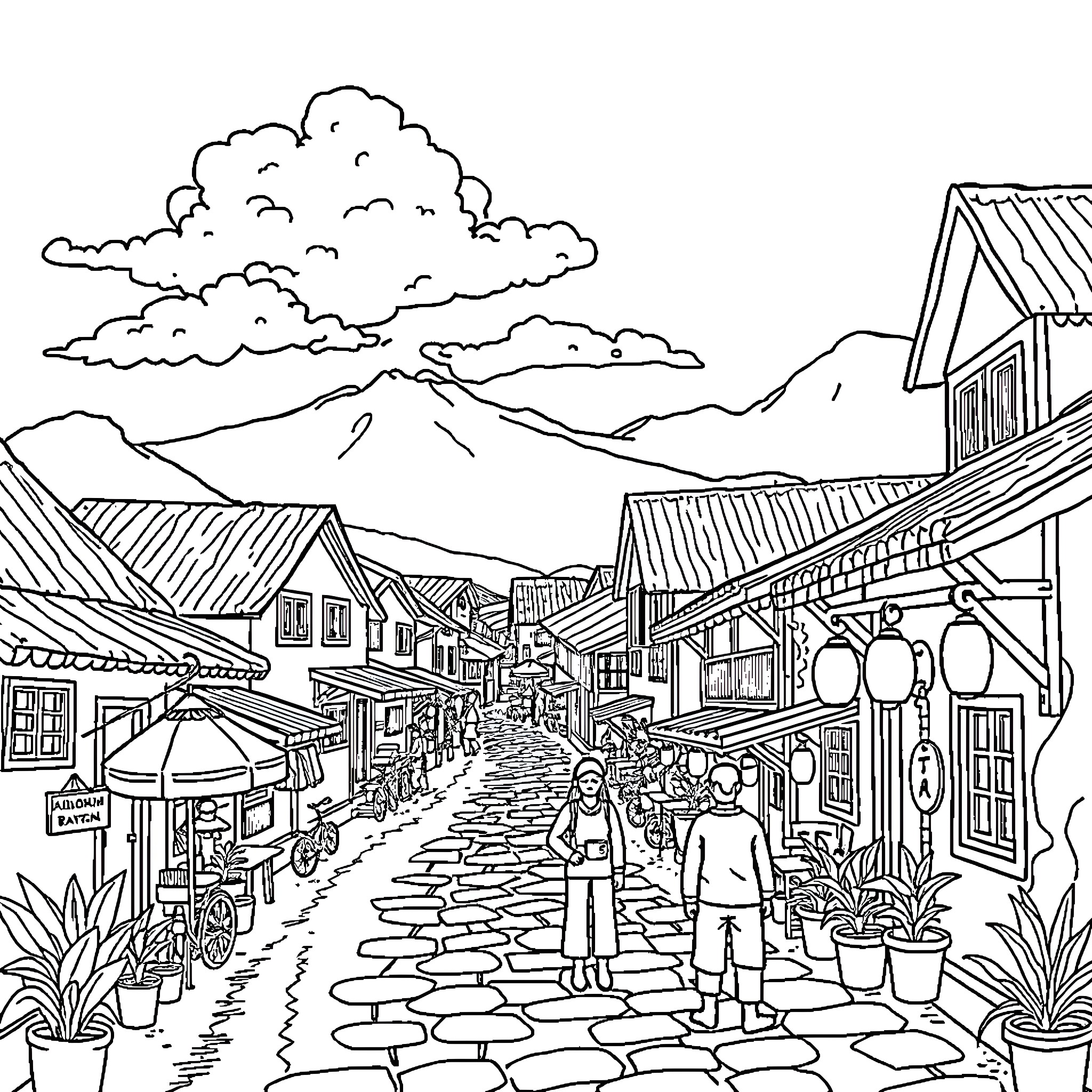 Kulonmi: Quaint Village Stroll Under Cloudy Skies Coloring Page (free black-and-white line drawing printable PDF for all, from beginners to advanced learners, including children, teens, adults, and seniors)
