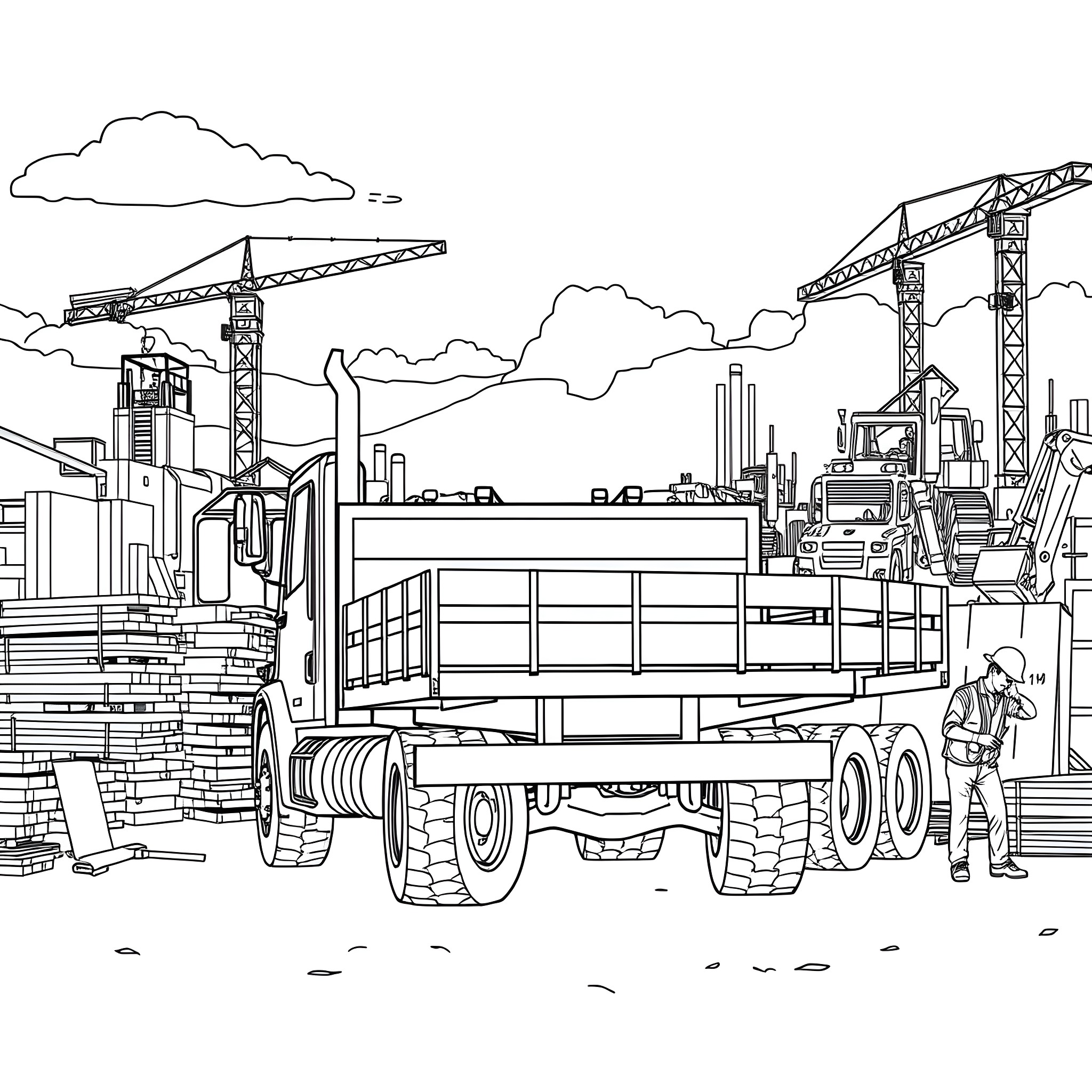 Flatbed trucks transporting construction materials in a city Coloring Page (free black-and-white line drawing printable PDF for all, from beginners to advanced learners, including children, teens, adults, and seniors)