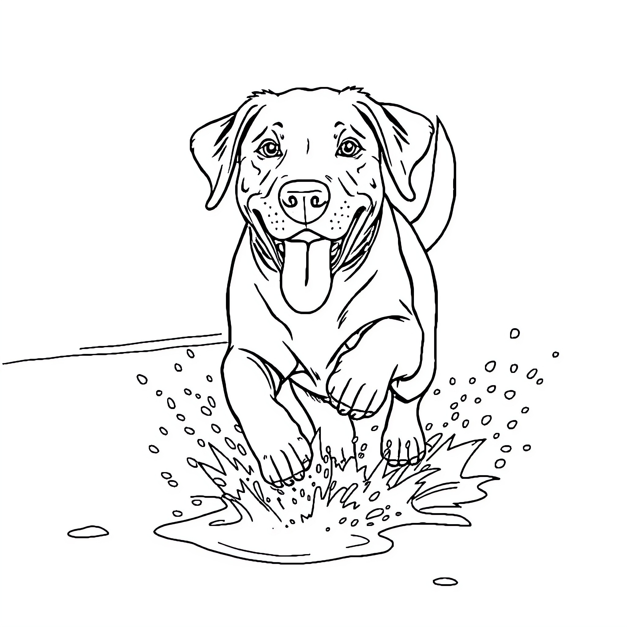 Dog playing happily in puddle Coloring Page (free black-and-white line drawing printable PDF for all, from beginners to advanced learners, including children, teens, adults, and seniors)