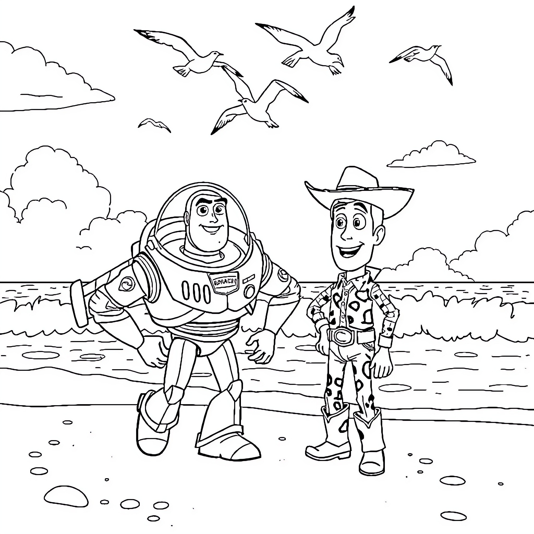 Buzz and Woody's adventure by the shore Coloring Page (free black-and-white line drawing printable PDF for all, from beginners to advanced learners, including children, teens, adults, and seniors)