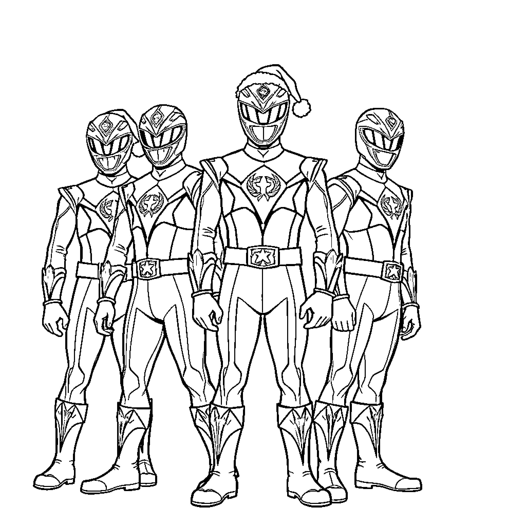 Power Rangers Posing in Heroic Stances Coloring Page (free black-and-white line drawing printable PDF for all, from beginners to advanced learners, including children, teens, adults, and seniors)