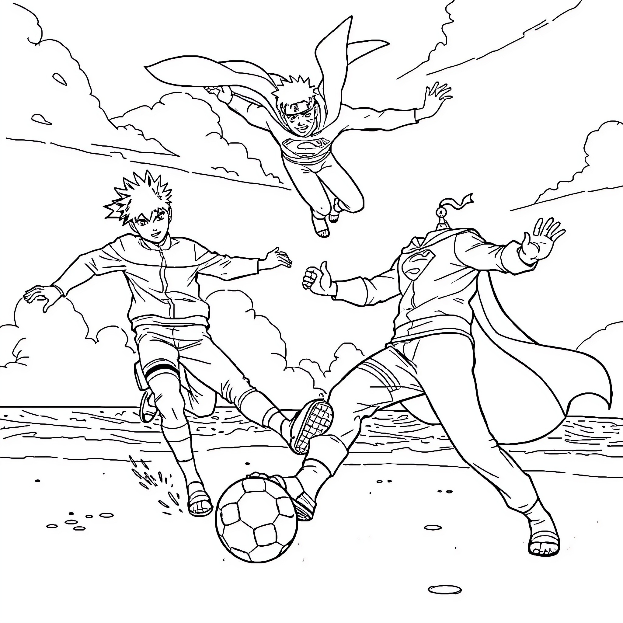 Naruto Characters in Intense Outdoor Action Coloring Page (free black-and-white line drawing printable PDF for all, from beginners to advanced learners, including children, teens, adults, and seniors)