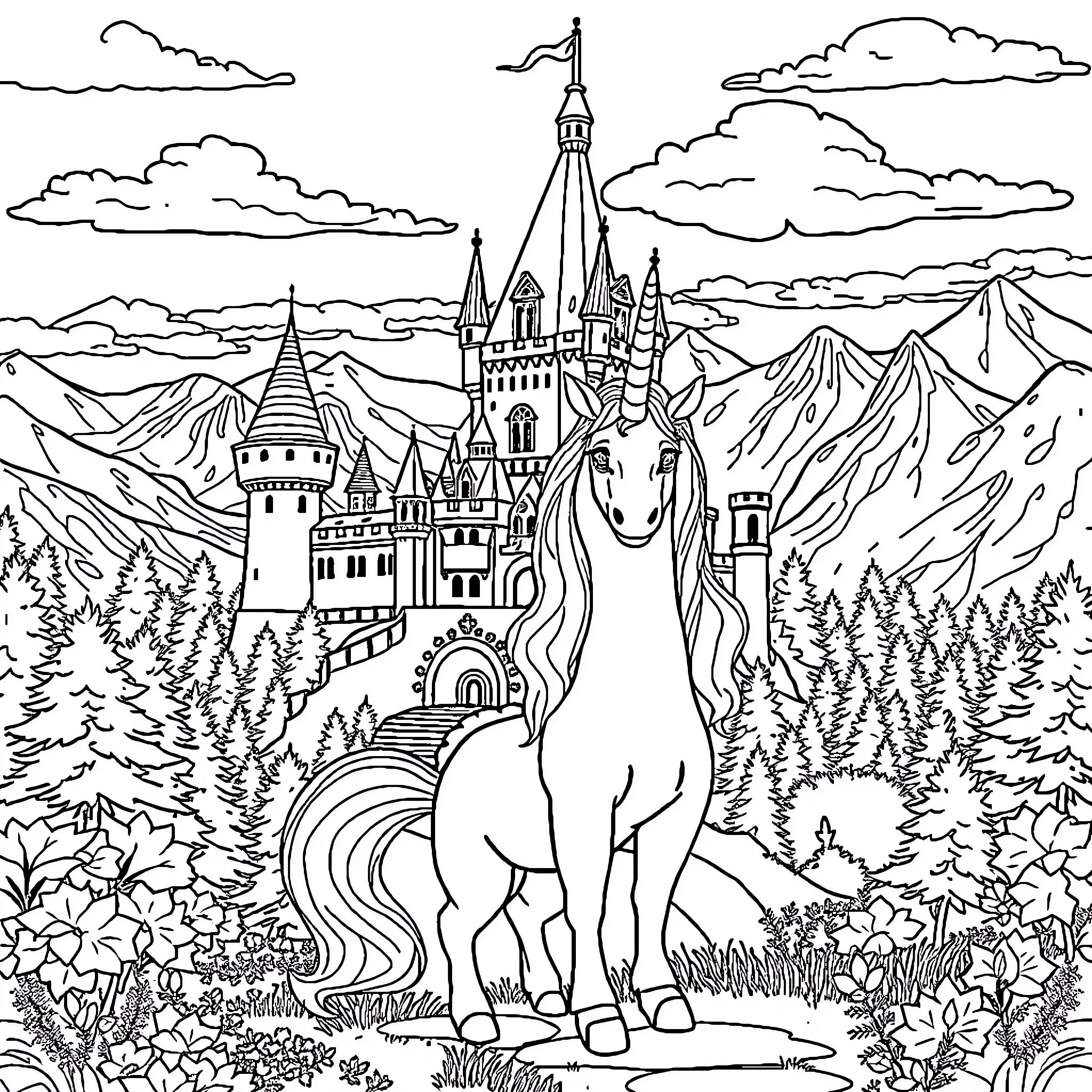 Unicorn Standing Before a Magical Castle Coloring Page (free black-and-white line drawing printable PDF for all, from beginners to advanced learners, including children, teens, adults, and seniors)