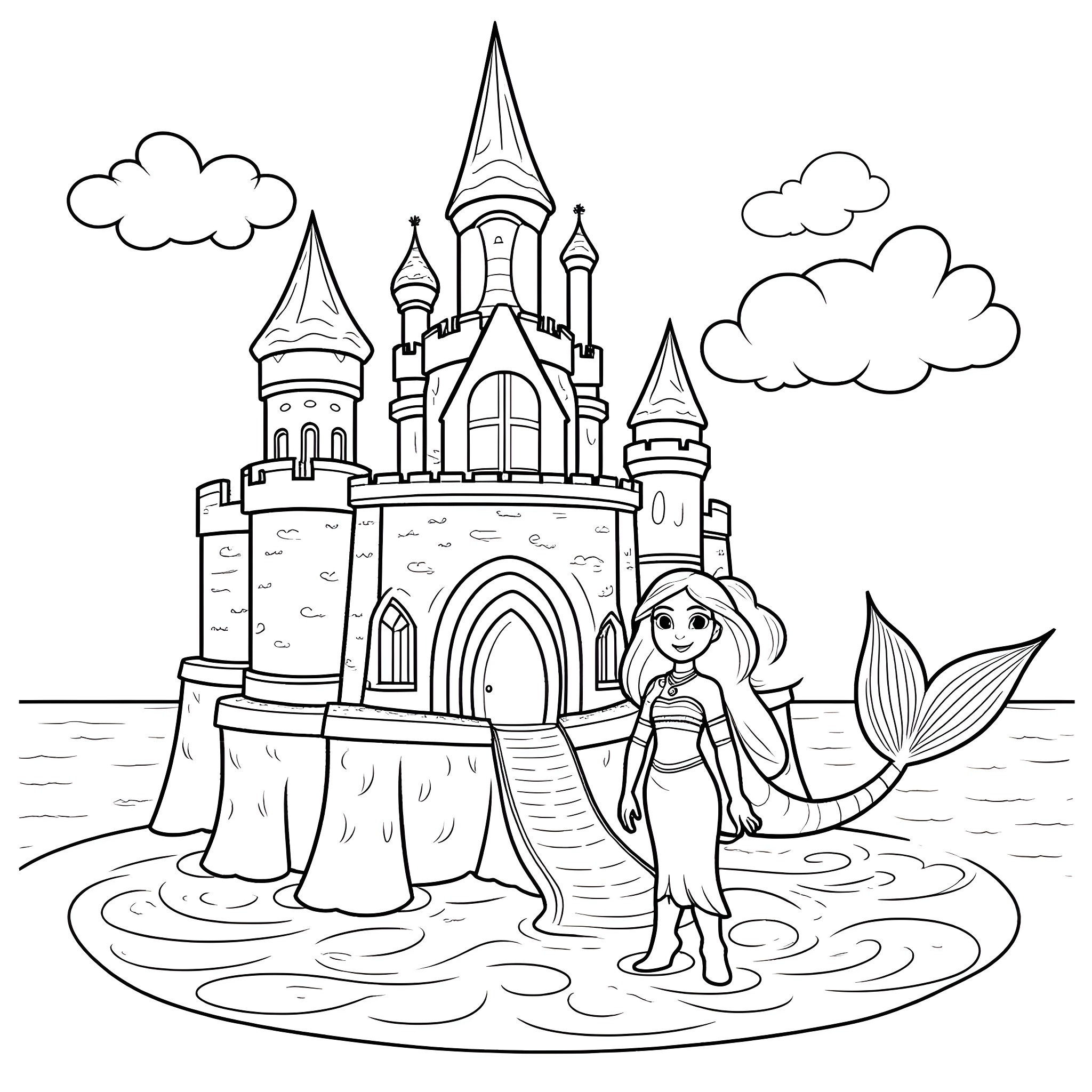 Moana standing in front of a magical castle Coloring Page (free black-and-white line drawing printable PDF for all, from beginners to advanced learners, including children, teens, adults, and seniors)