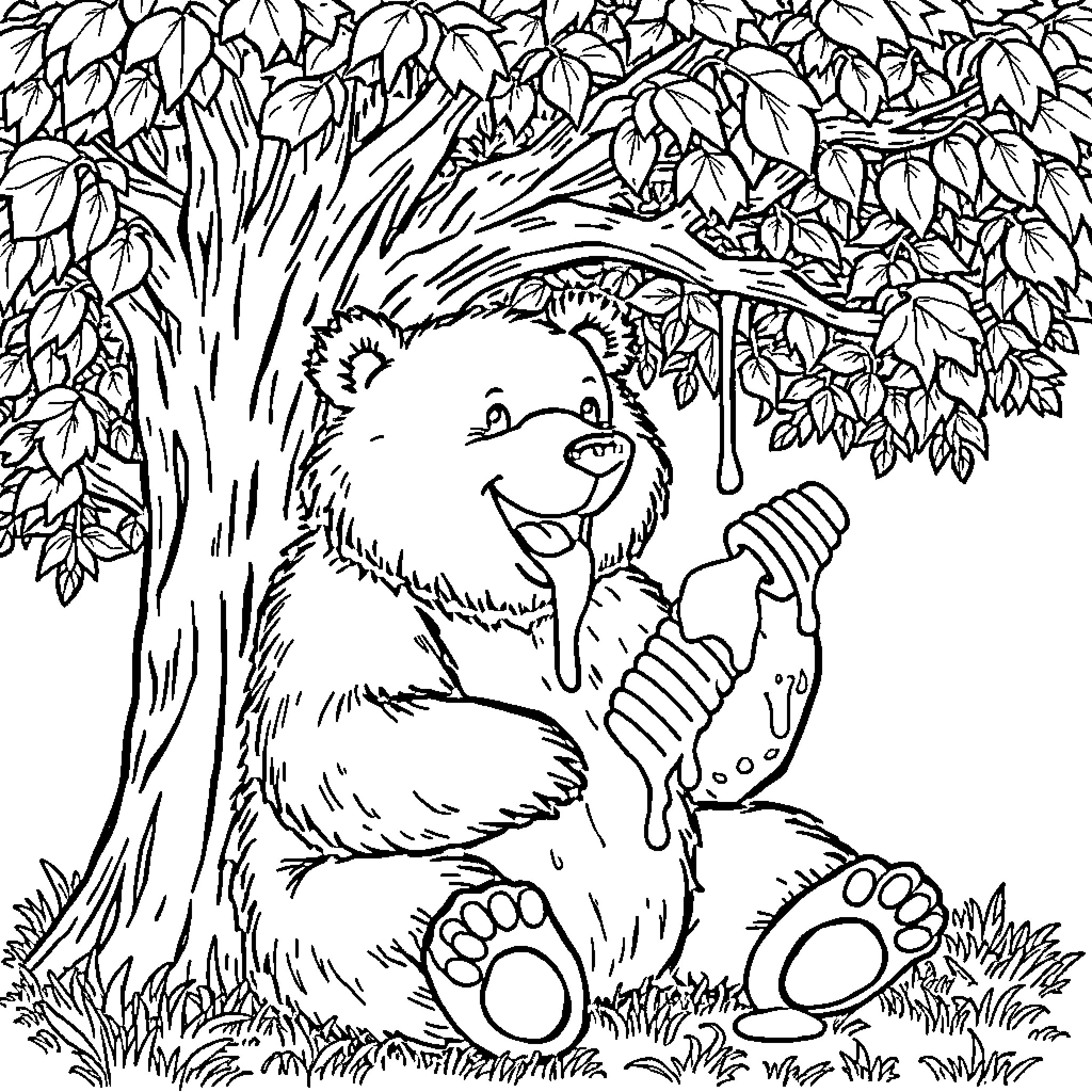 Bear happily enjoying nature in the forest Coloring Page (free black-and-white line drawing printable PDF for all, from beginners to advanced learners, including children, teens, adults, and seniors)