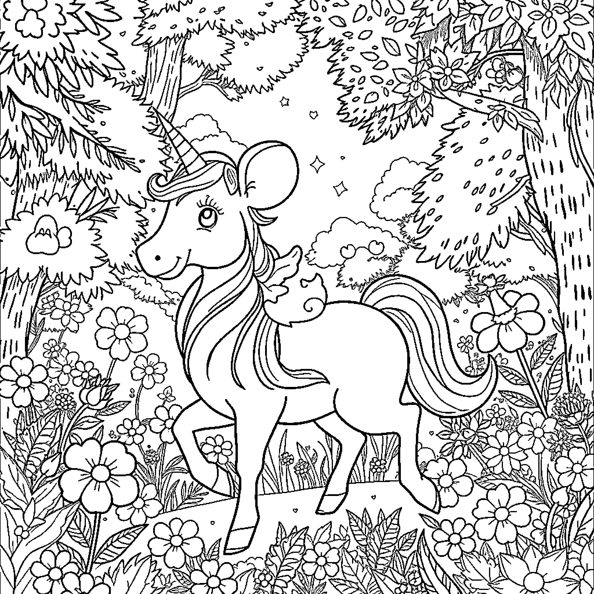 Mini Mouse Unicorn Frolicking in Enchanted Forest Coloring Page (free black-and-white line drawing printable PDF for all, from beginners to advanced learners, including children, teens, adults, and seniors)