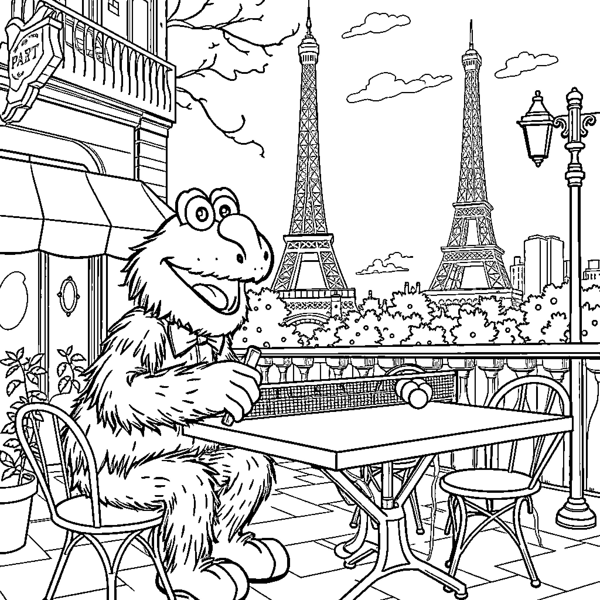 Philly Phanatic enjoys a cozy afternoon in Paris Coloring Page (free black-and-white line drawing printable PDF for all, from beginners to advanced learners, including children, teens, adults, and seniors)