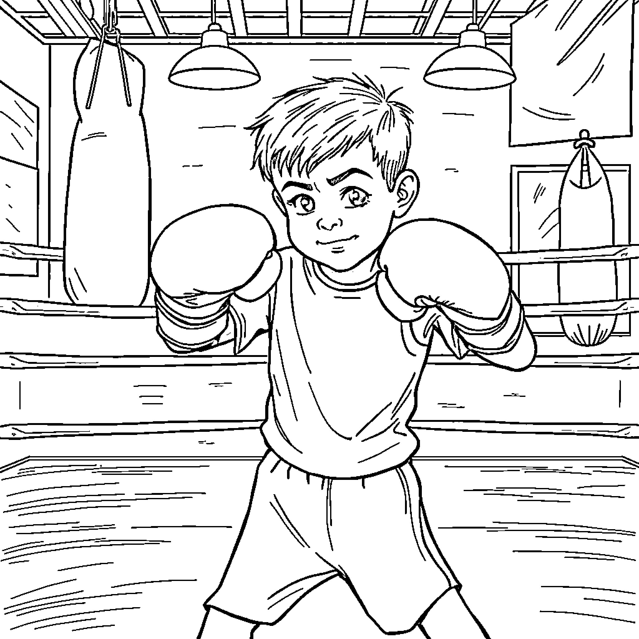 Boxing boy training in the ring Coloring Page (free black-and-white line drawing printable PDF for all, from beginners to advanced learners, including children, teens, adults, and seniors)