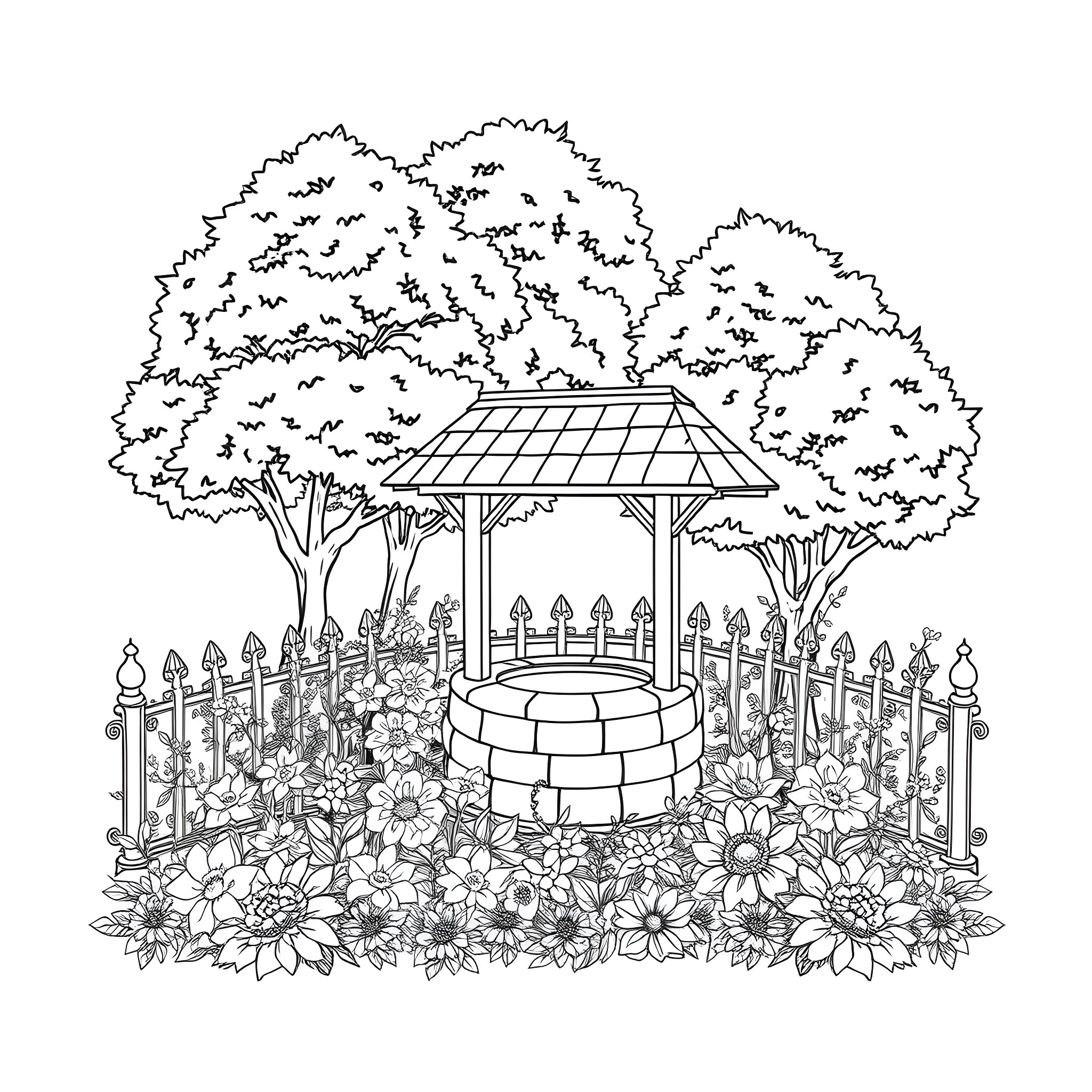 Garden gazebo surrounded by flowers and trees Coloring Page (free black-and-white line drawing printable PDF for all, from beginners to advanced learners, including children, teens, adults, and seniors)