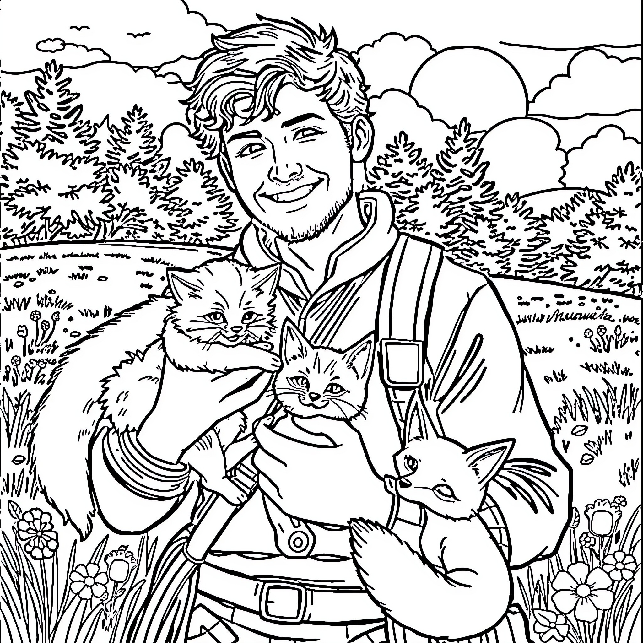 Jaime Fraser with cheerful expression holding multiple kittens in the wilderness Coloring Page (free black-and-white line drawing printable PDF for all, from beginners to advanced learners, including children, teens, adults, and seniors)