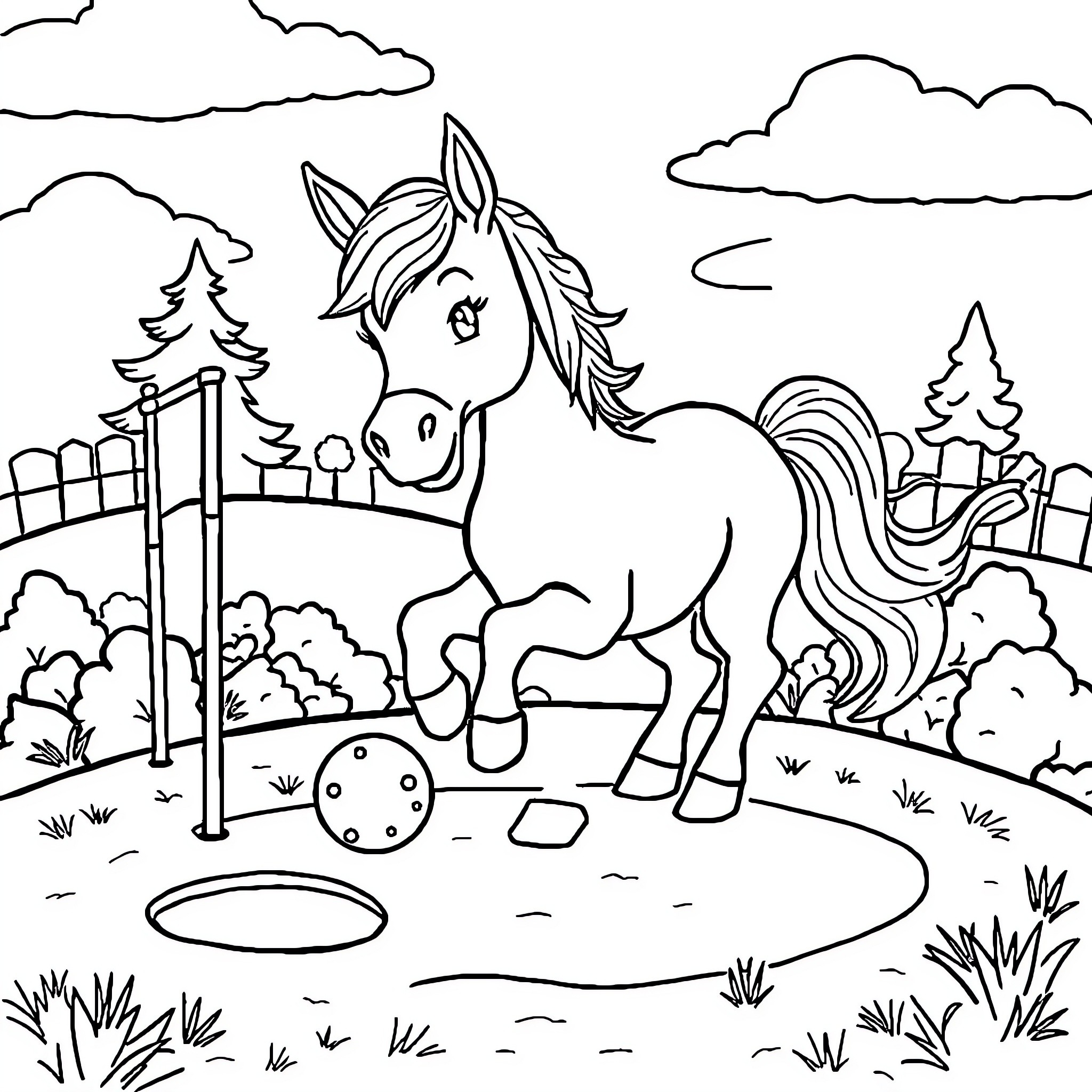 Horse playing with toys in a park-like setting Coloring Page (free black-and-white line drawing printable PDF for all, from beginners to advanced learners, including children, teens, adults, and seniors)