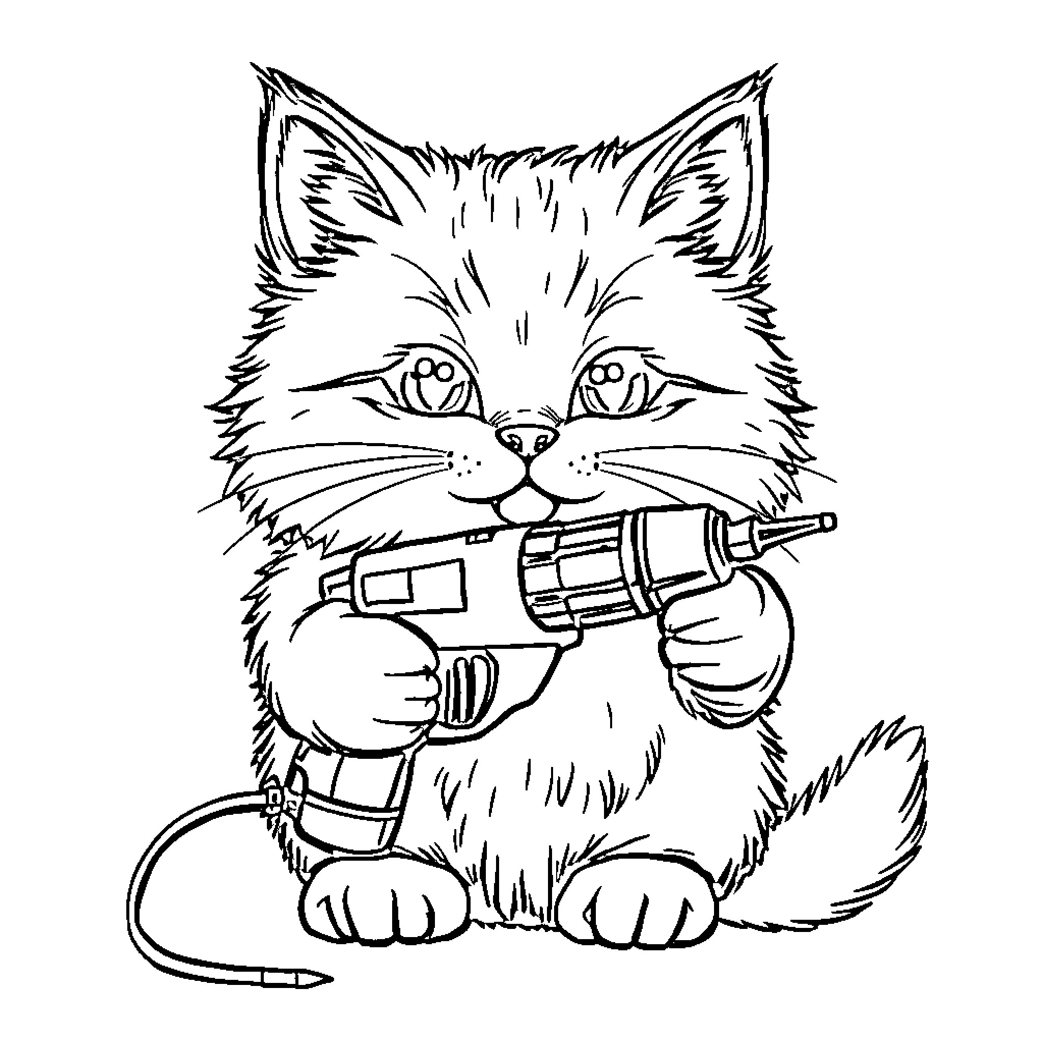Cat with raygun Coloring Page (free black-and-white line drawing printable PDF for all, from beginners to advanced learners, including children, teens, adults, and seniors)
