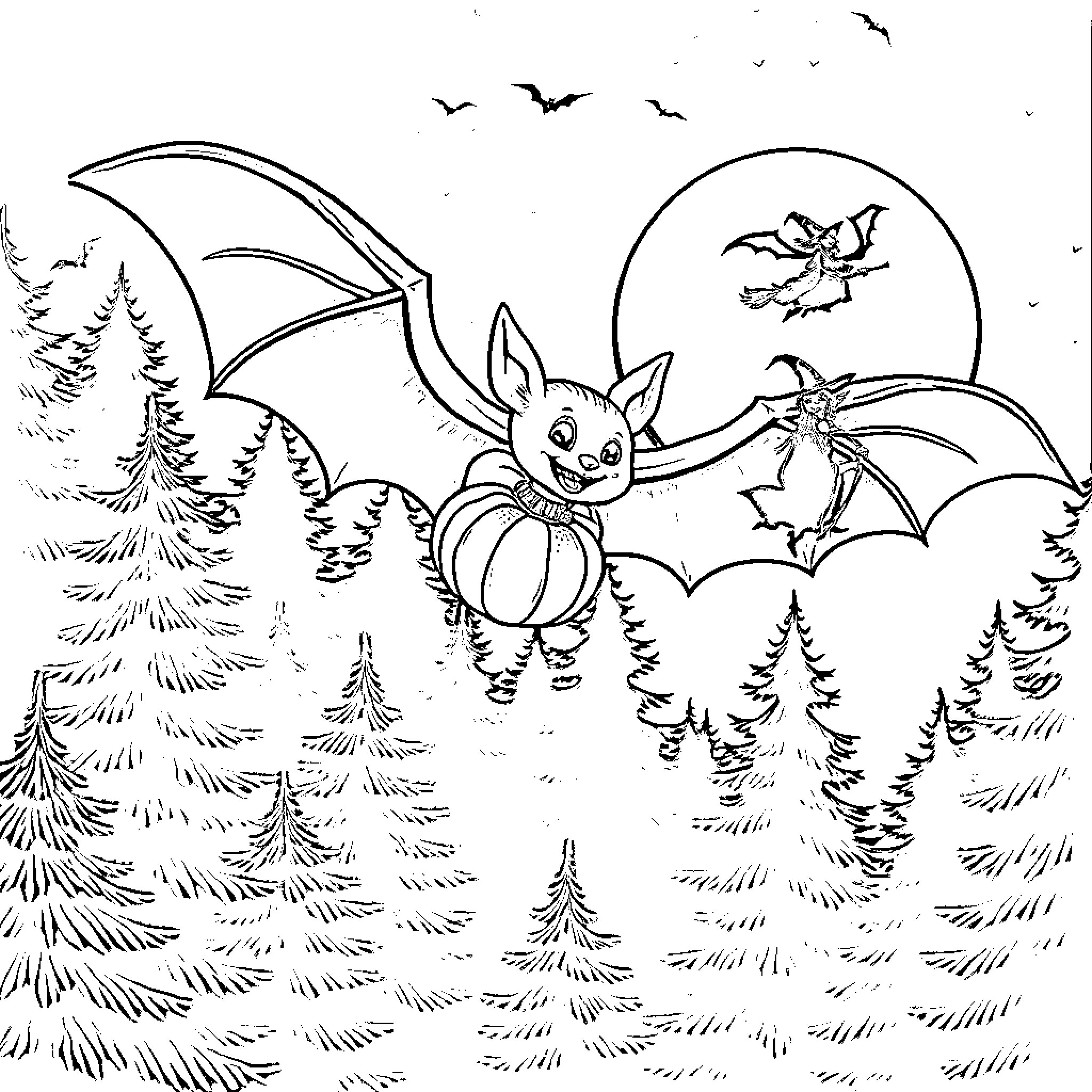 Bat flying joyfully through the moonlit forest Coloring Page (free black-and-white line drawing printable PDF for all, from beginners to advanced learners, including children, teens, adults, and seniors)