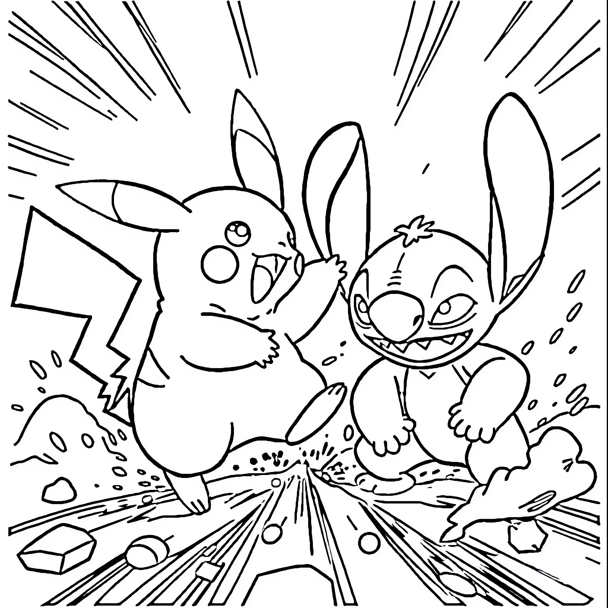 Pikachu's Playful Encounter with Stitch Coloring Page (free black-and-white line drawing printable PDF for all, from beginners to advanced learners, including children, teens, adults, and seniors)