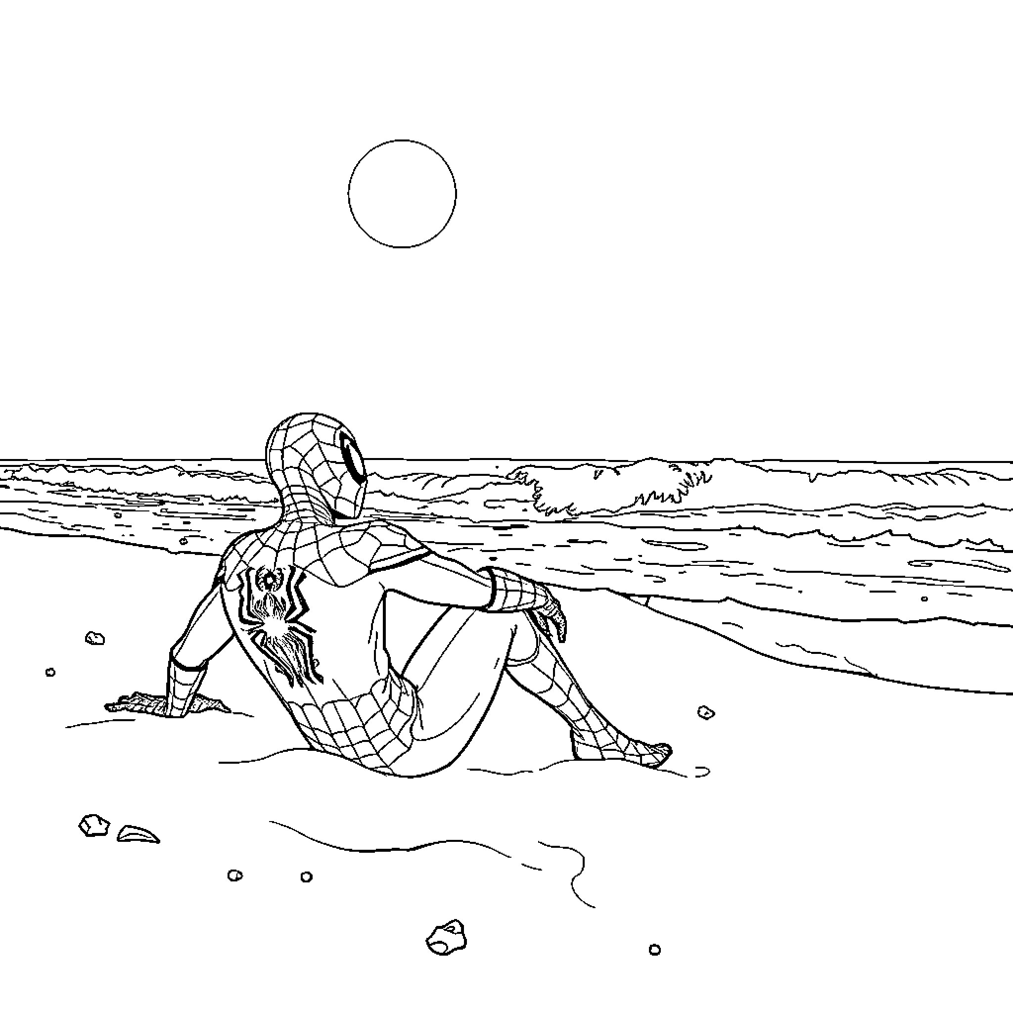 Spiderman relaxing on the beach Coloring Page (free black-and-white line drawing printable PDF for all, from beginners to advanced learners, including children, teens, adults, and seniors)