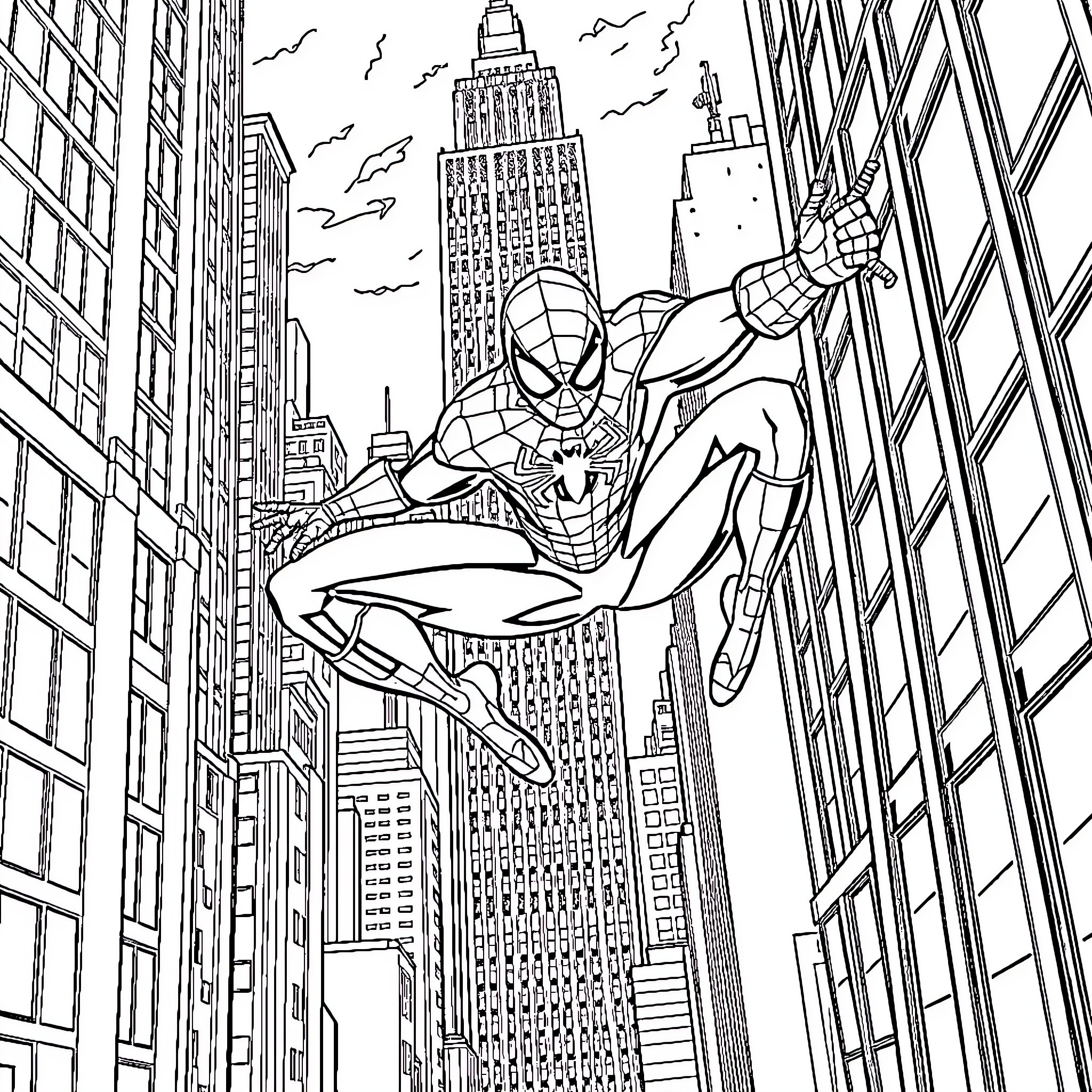 Spiderman swinging through the skyscrapers of New York City Coloring Page (free black-and-white line drawing printable PDF for all, from beginners to advanced learners, including children, teens, adults, and seniors)