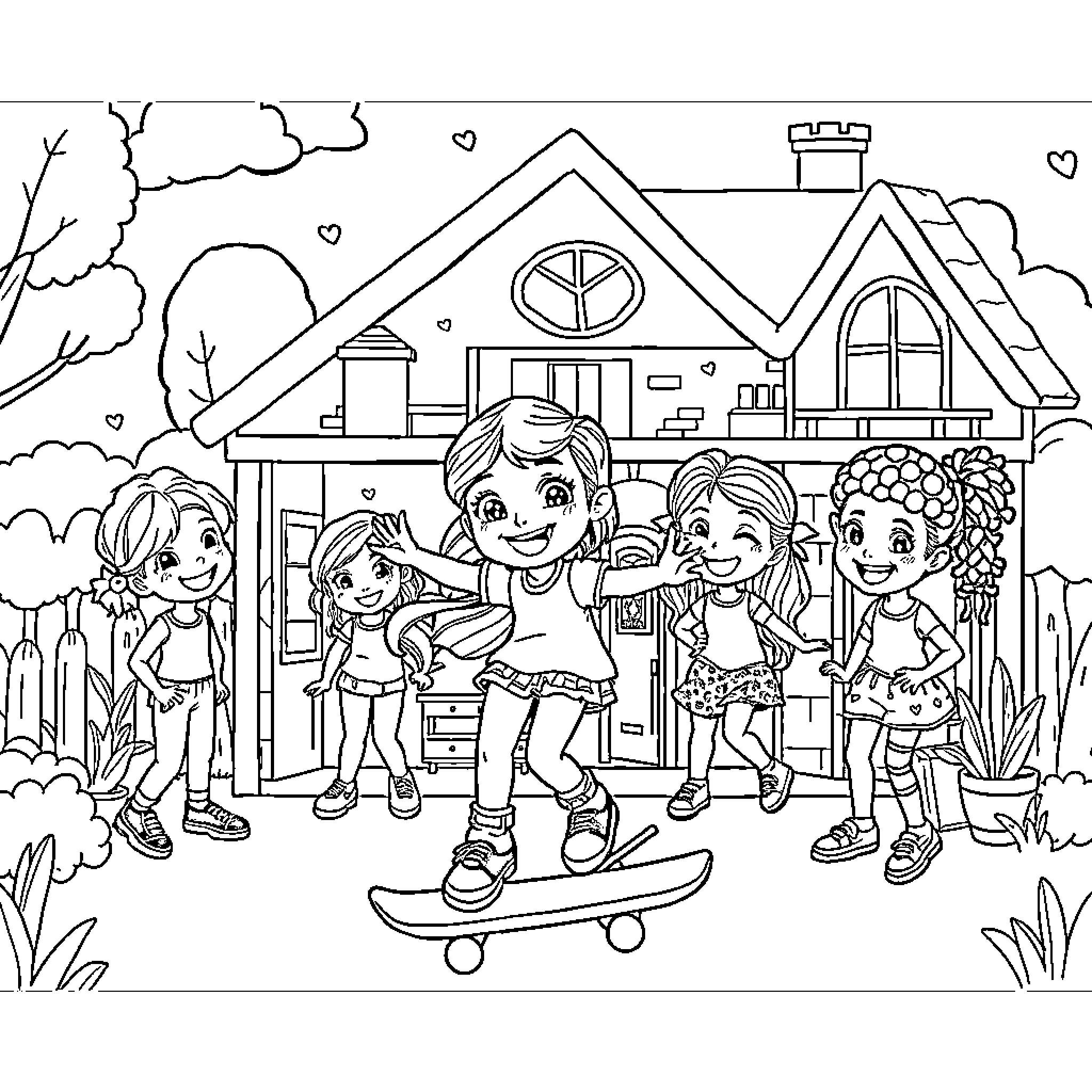 Dollhouse of Friends Playing and Exploring Coloring Page (free black-and-white line drawing printable PDF for all, from beginners to advanced learners, including children, teens, adults, and seniors)
